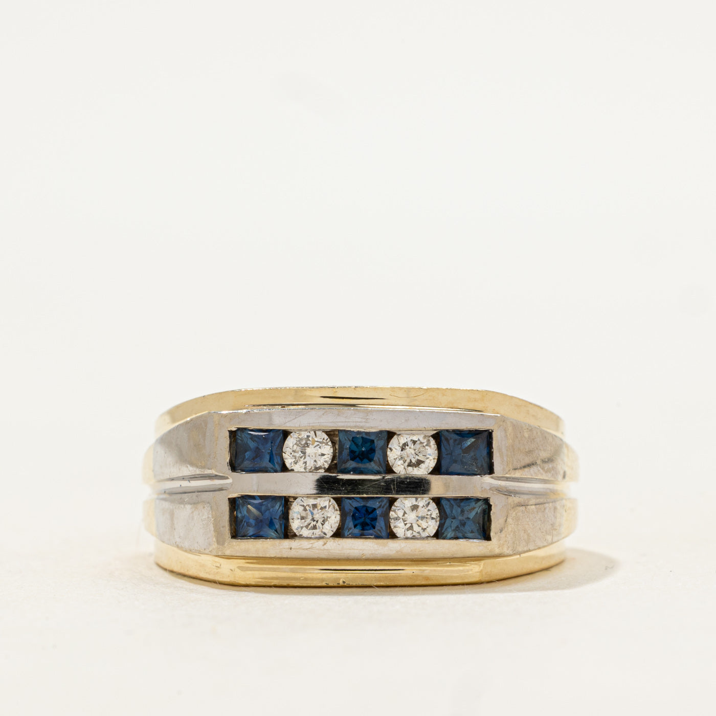 Two Tone Gold Channel Set Sapphire & Diamond Ring | 0.72ctw, 0.24ctw | SZ 10.5 |