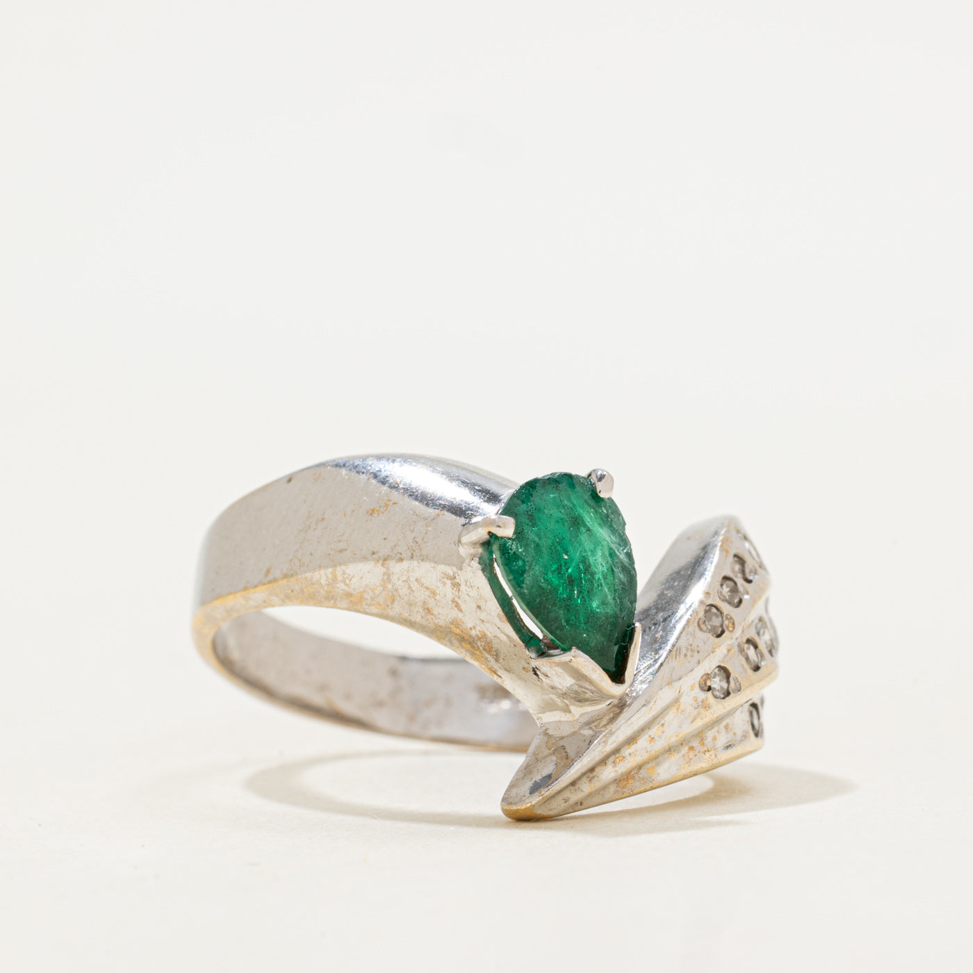 Pear Cut Emerald & Diamond Bypass Ring | 0.80ct, 0.15ctw | SZ 9.75 |