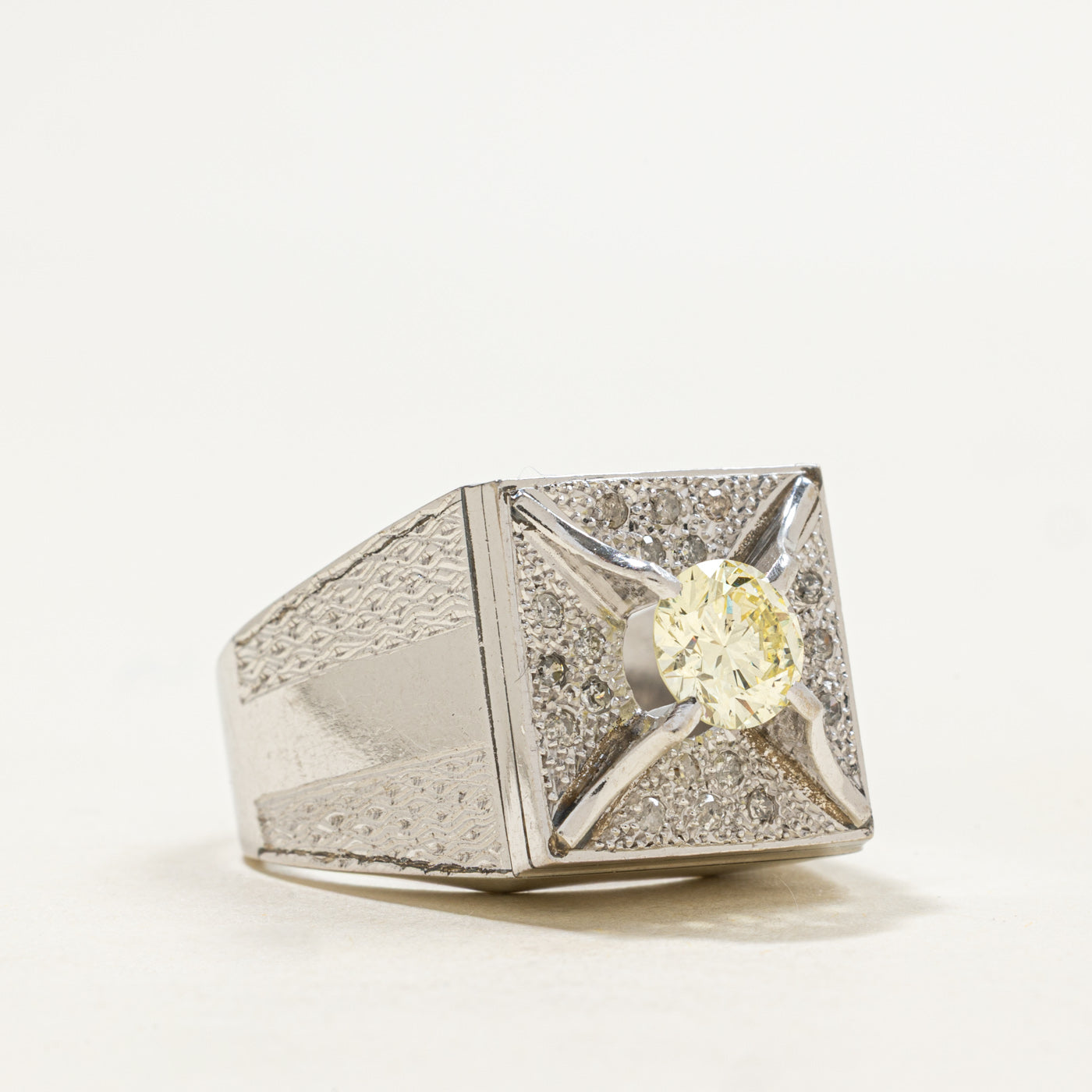 10K White Gold Diamond Textured Chunky Ring | 1.20ctw SI2 Yellow | SZ 7.75