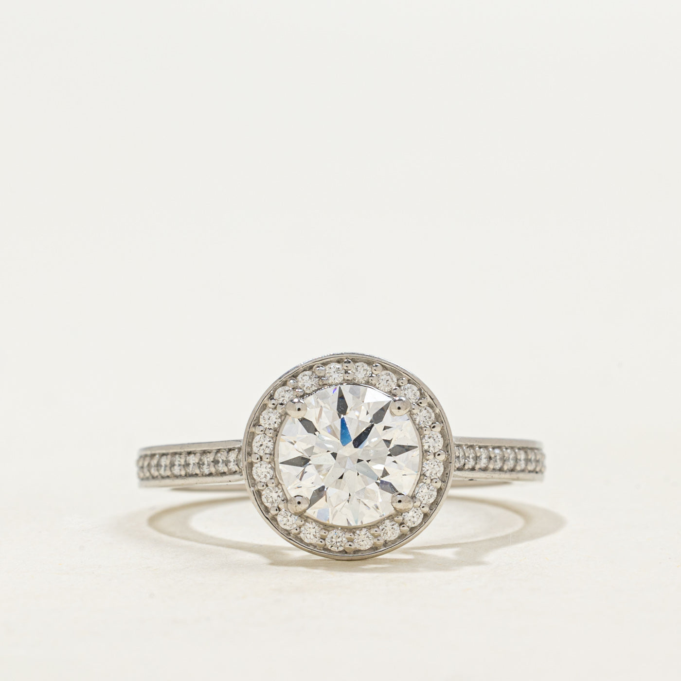 GIA Round Brilliant Cut Diamond Halo Engagement Ring | GIA 1.11ct VVS1 D Ex, 0.24ctw | SZ 6.0