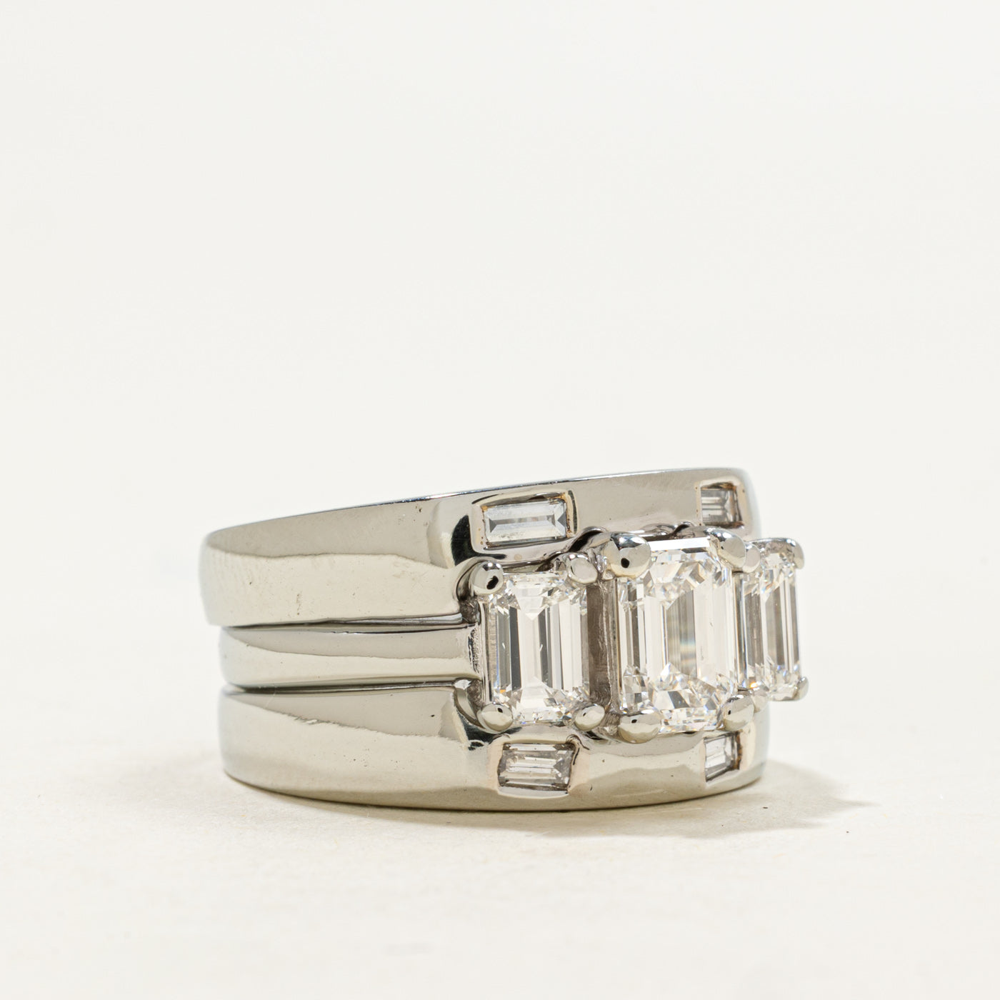 19k Three Stone Emerald Cut Diamond Accented Chunky Ring | 1.09ct VS1 E, 1.11ctw | SZ 6.0