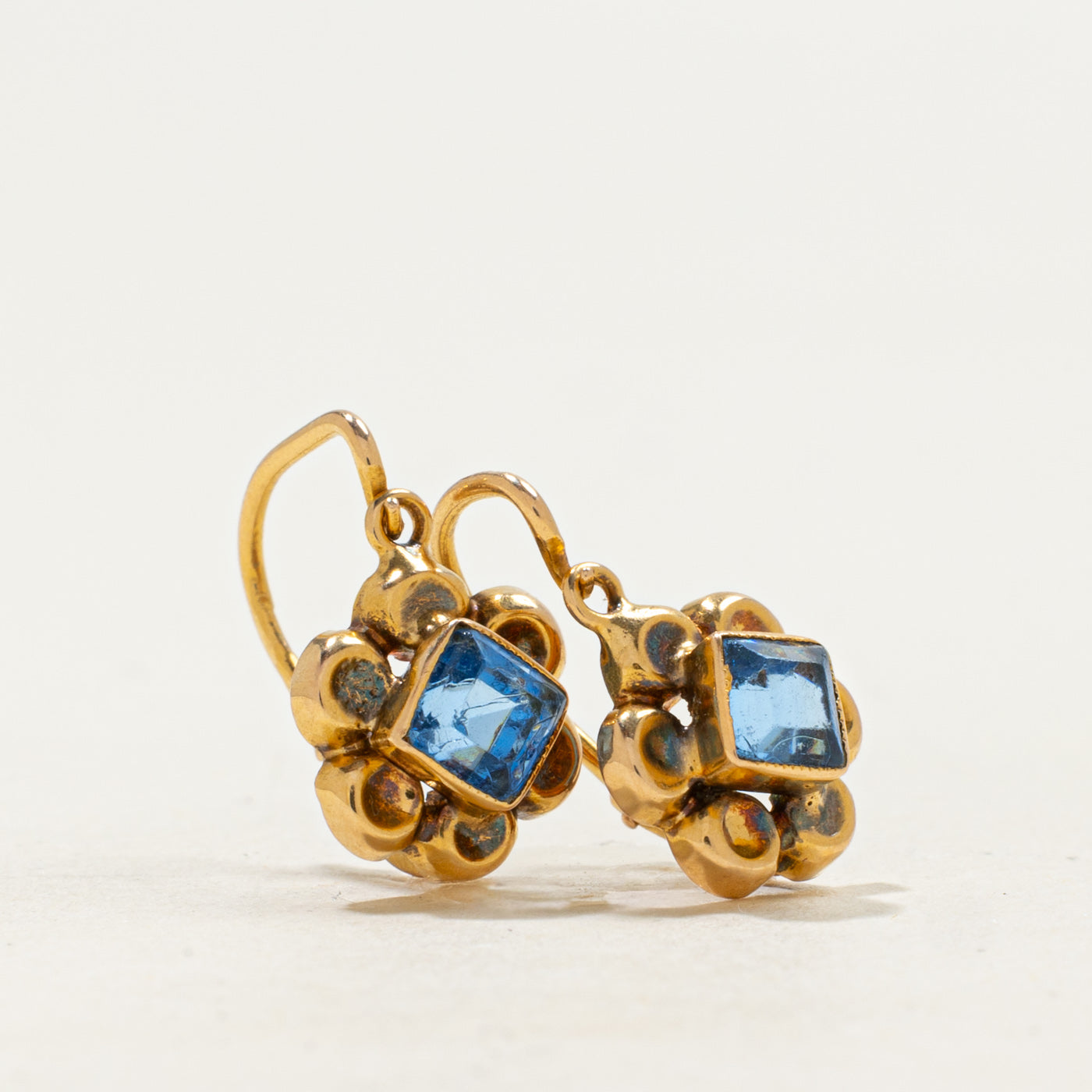 Vintage Portugese 19k Blue Glass Flower Drop Earrings | 1.0ctw