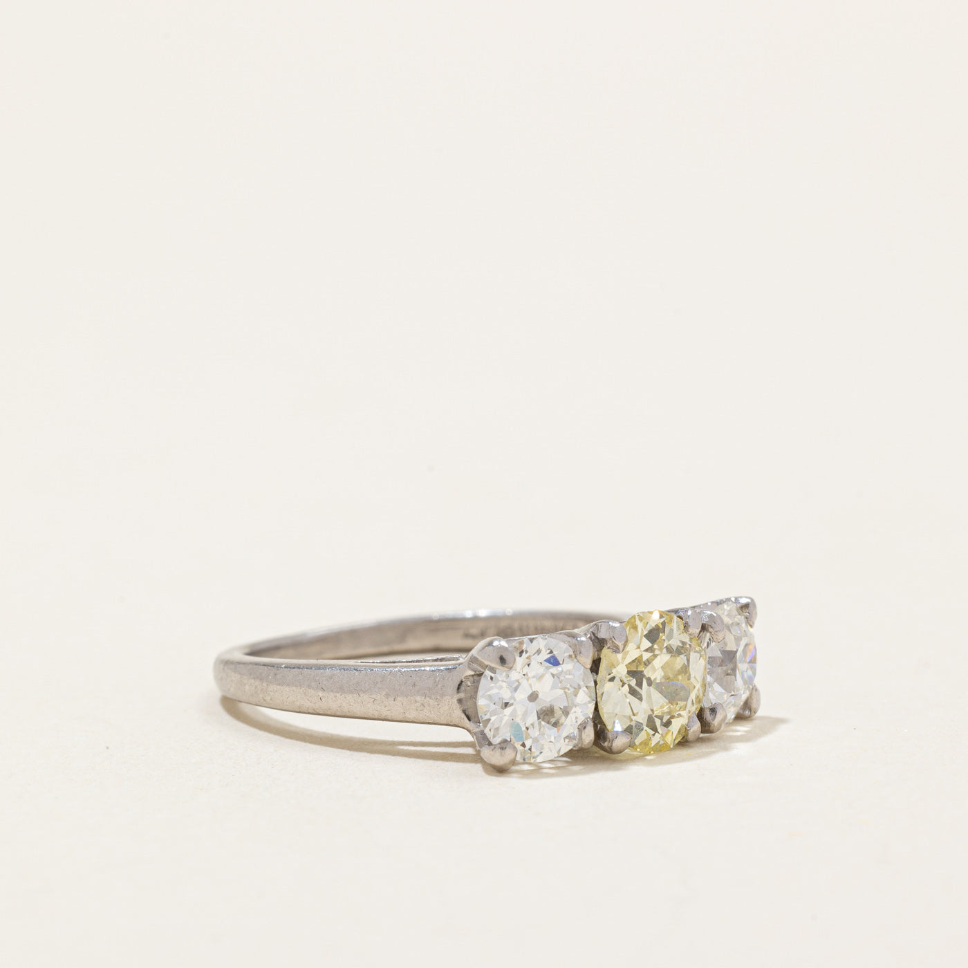 Art Deco Platinum Three Stone Old European Cut Diamond Ring with Fancy Yellow Center  | 1.67ctw | SZ 6.25 |