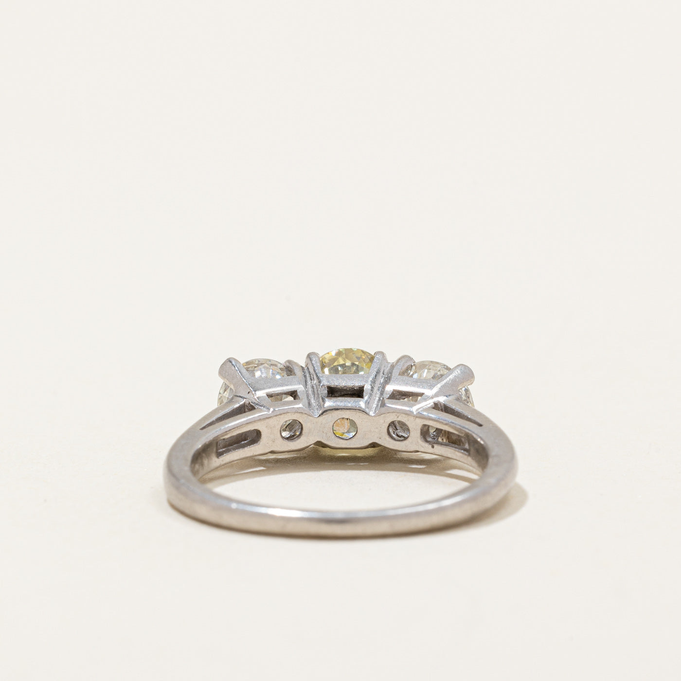 Art Deco Platinum Three Stone Old European Cut Diamond Ring with Fancy Yellow Center  | 1.67ctw | SZ 6.25 |