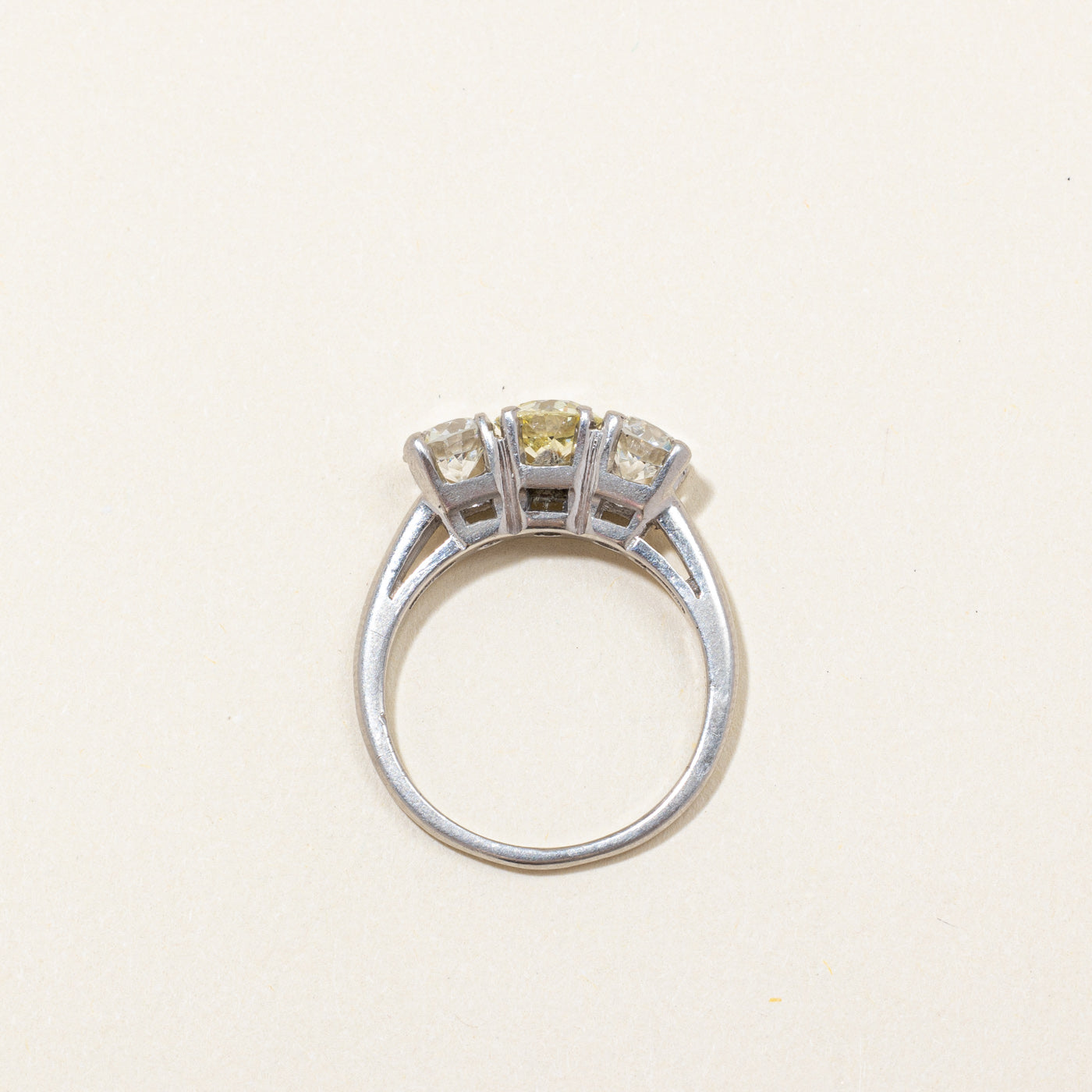 Art Deco Platinum Three Stone Old European Cut Diamond Ring with Fancy Yellow Center  | 1.67ctw | SZ 6.25 |