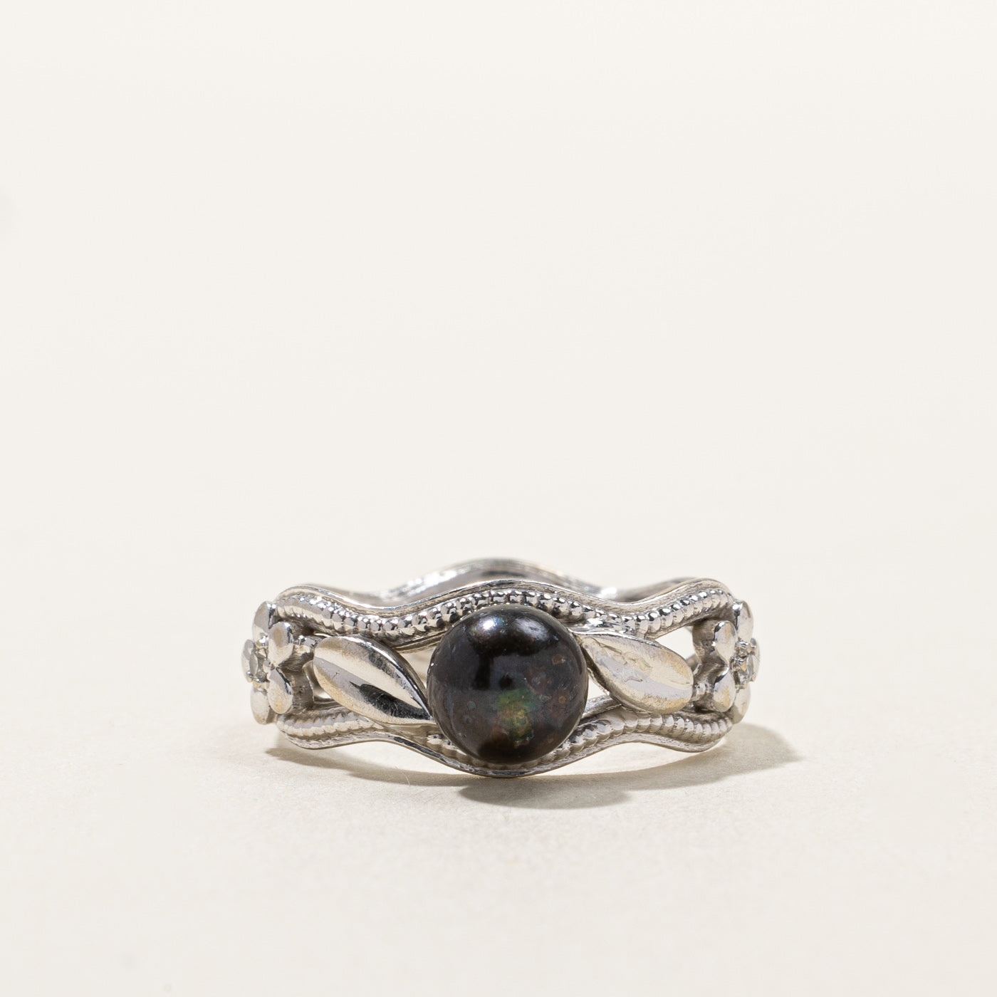 Black Pearl & Diamond Filigree Ring | 0.06ctw | SZ 7 |