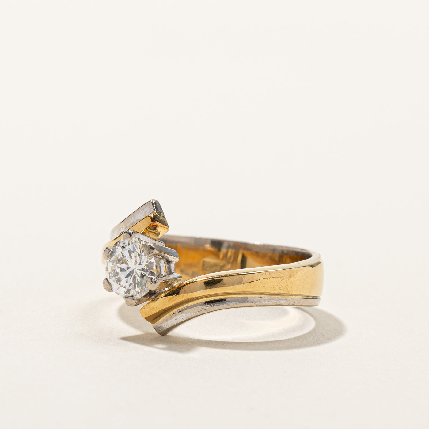 Two Tone Gold Solitaire Diamond Bypass Ring | 0.98ct VS2 H/I | SZ 10 |