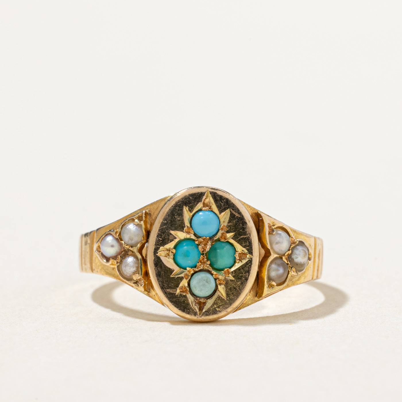 Victorian 1877 Birmingham Turquoise & Pearl Ring | 0.03ctw | SZ 7