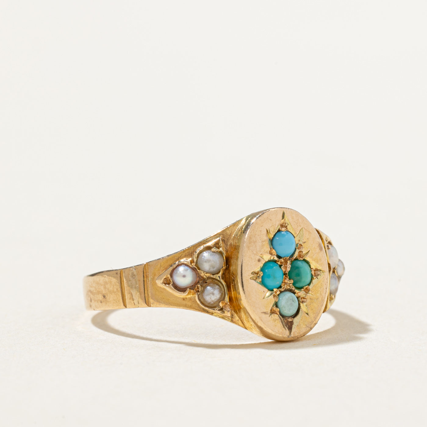 Victorian 1877 Birmingham Turquoise & Pearl Ring | 0.03ctw | SZ 7