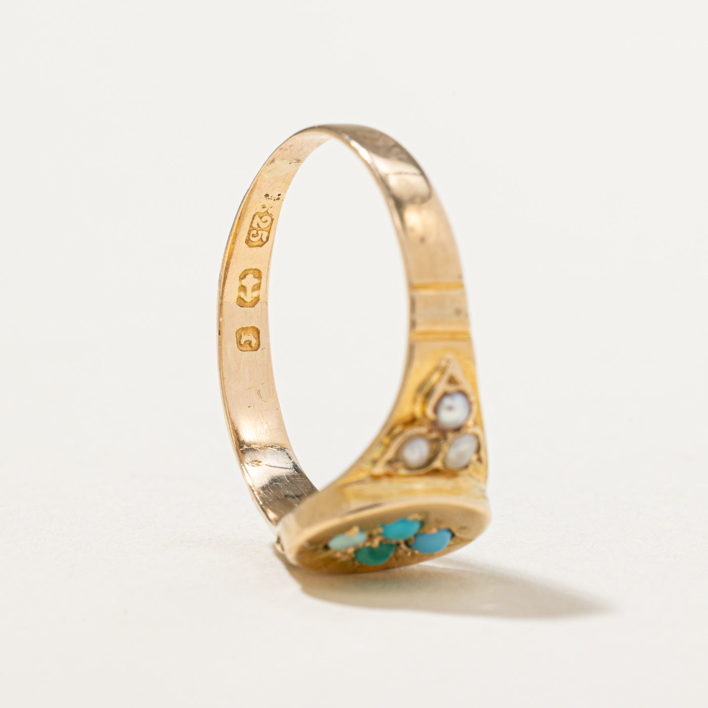 Victorian 1877 Birmingham Turquoise & Pearl Ring | 0.03ctw | SZ 7