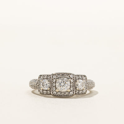 Three Stone Diamond Halo Ring | 0.82ctw | SZ 6.25 |