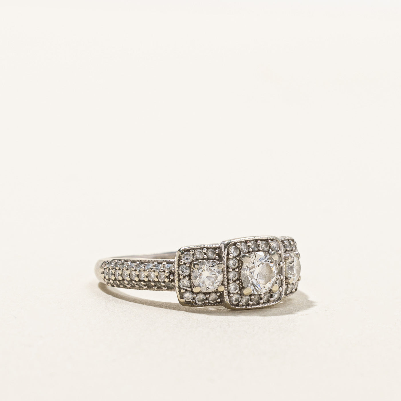 Three Stone Diamond Halo Ring | 0.82ctw | SZ 6.25 |