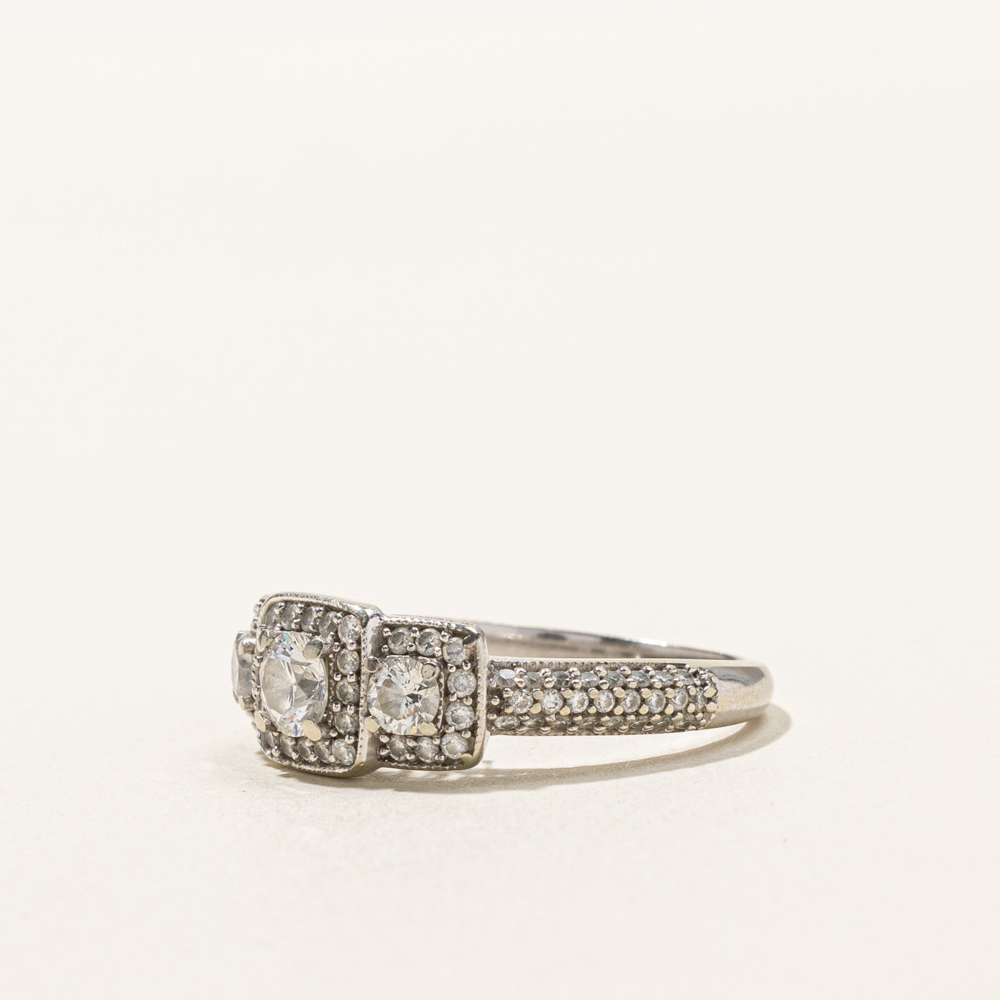 Three Stone Diamond Halo Ring | 0.82ctw | SZ 6.25 |