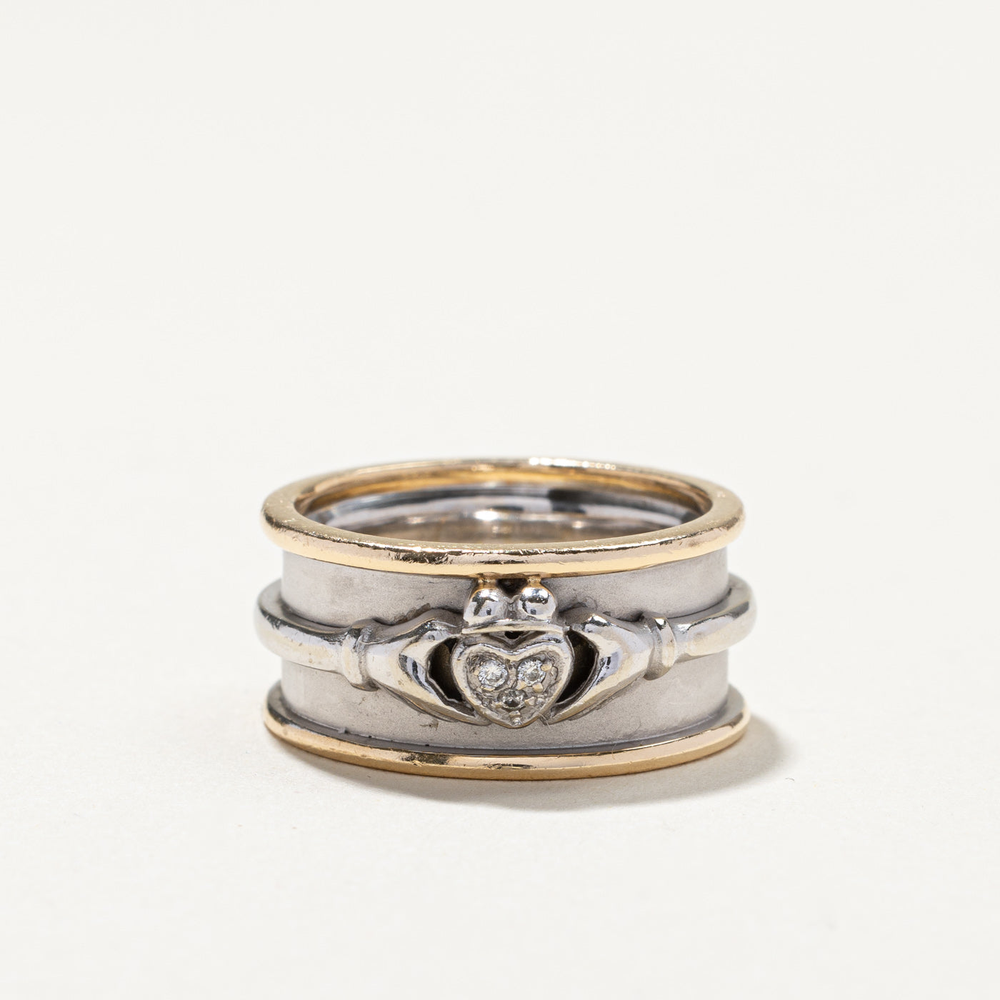 Two Tone Gold Cluster Diamond Claddagh Band | 0.03ctw | SZ 6.5