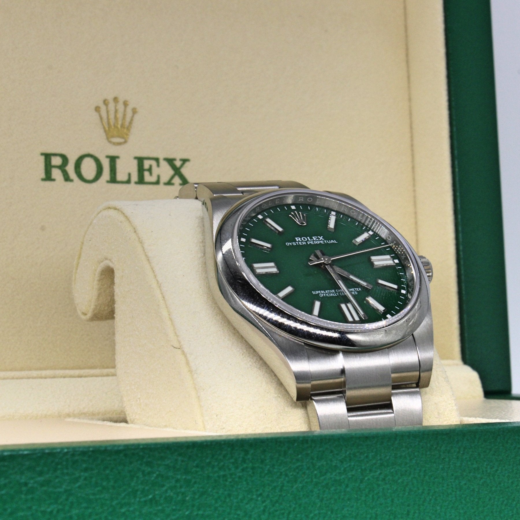 'Rolex' Oyster Perpetual Green Face Watch | 8