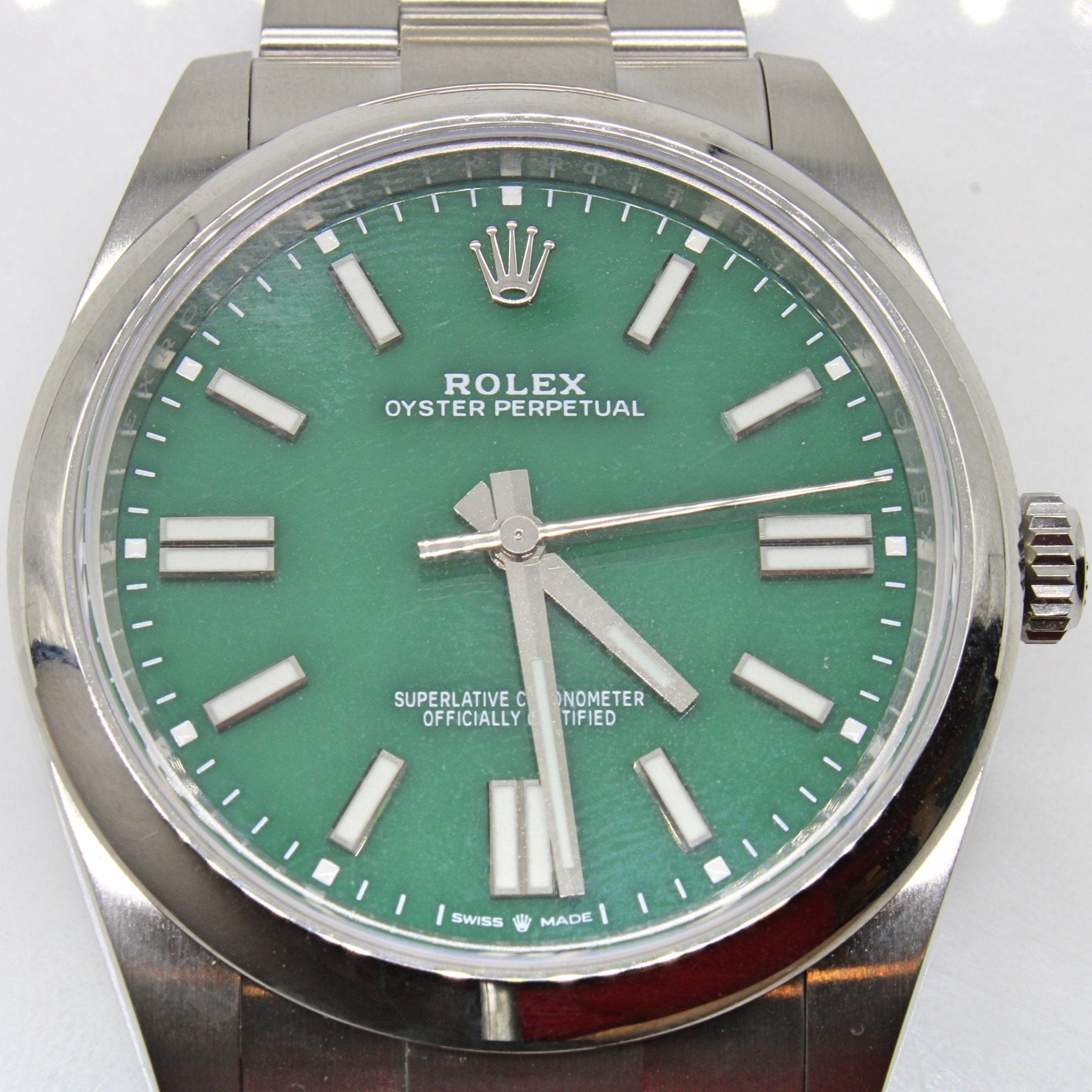 'Rolex' Oyster Perpetual Green Face Watch | 8