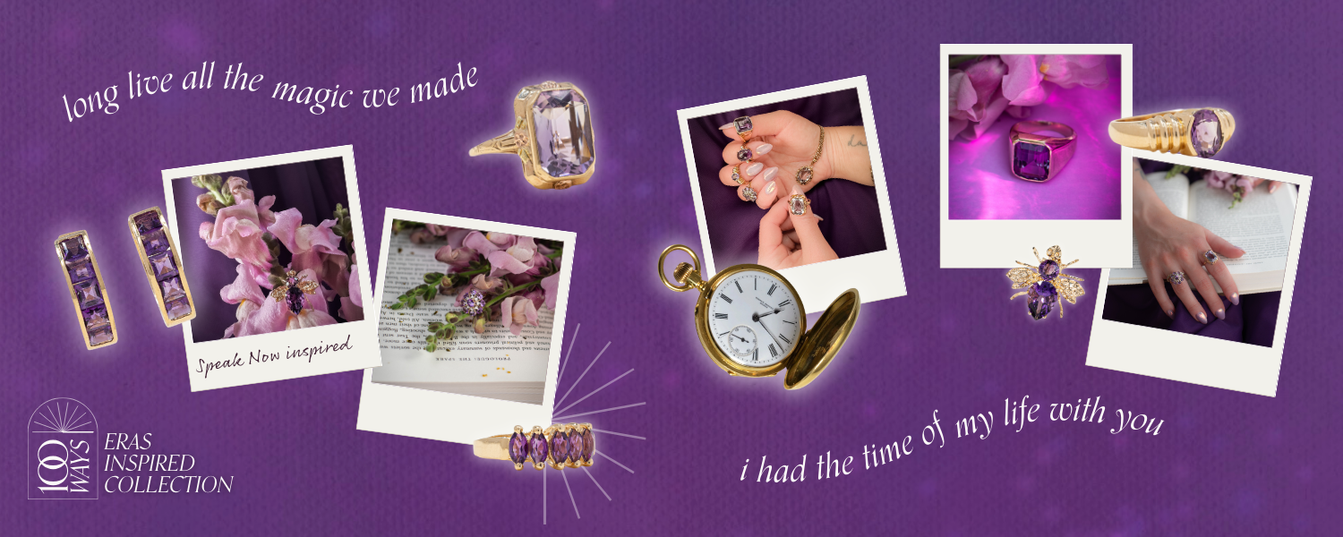 Image of dark purple background with mauve, lavender gemstone jewelry. Text reads: 100 Ways Eras Inspired Collection. Long live all the magic we made, I had the time of my life with you