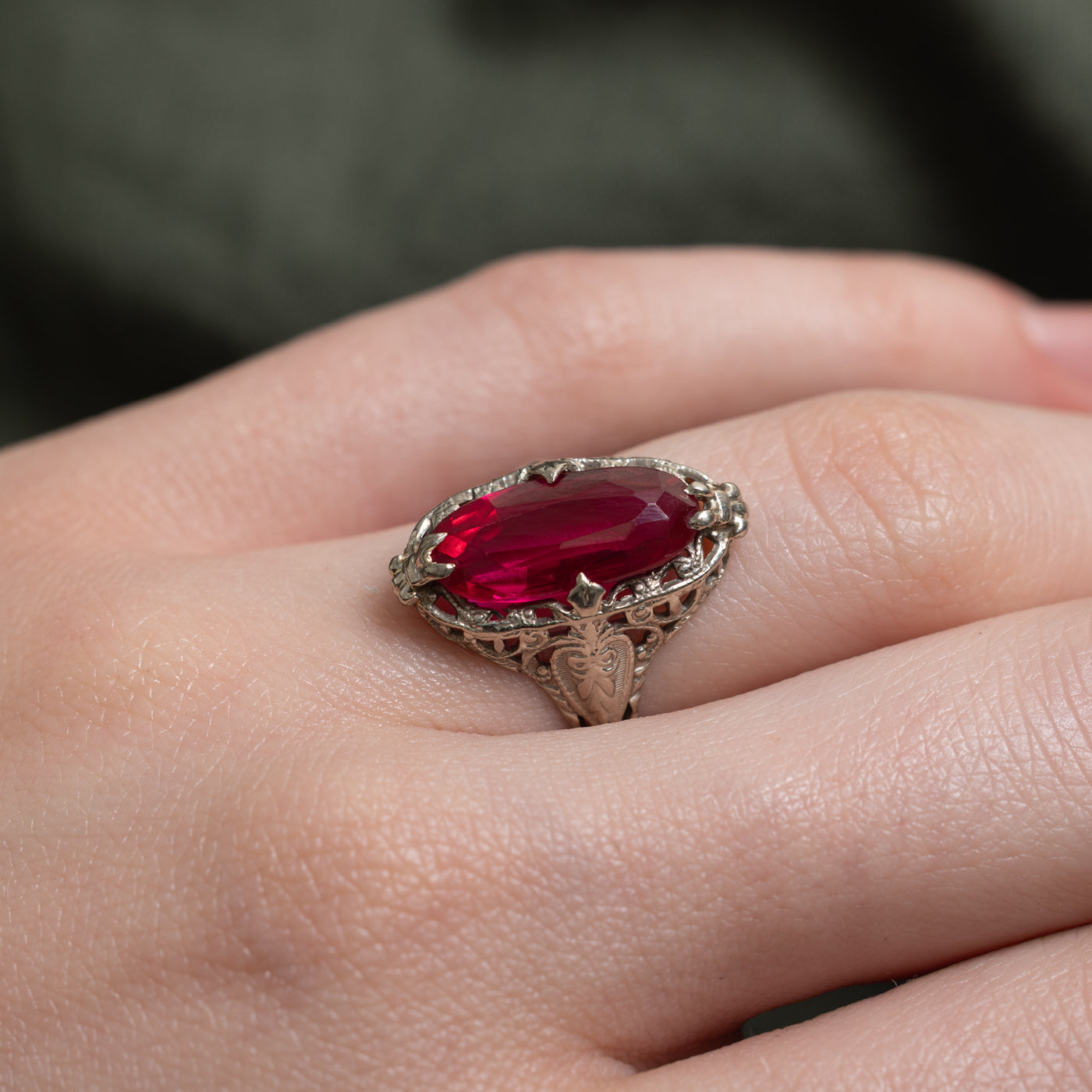Syntheitc Ruby Open Scrollwork Cocktail Ring | 3.40ct | SZ 4.75