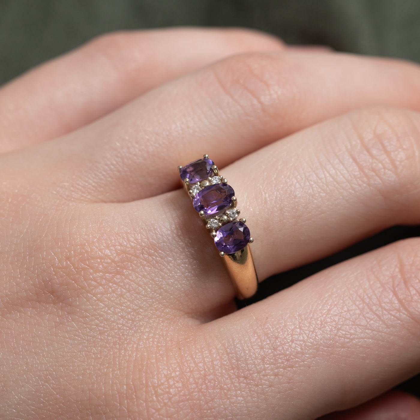 'Birks' Three Stone Amethyst & Diamond Accented Ring | 0.94ctw, 0.02ctw | SZ 6.25