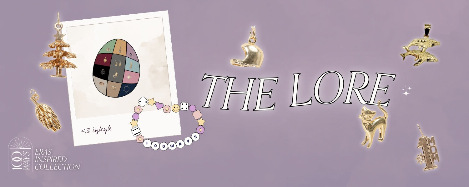 purple background with polaroid frame around an egg graphic, inside the egg is a design inspired by taylor swift lover house with handwritten <3 iykyk, image has overlay of fine gold charms and a cartoon 100 ways friendship bracelet. text over reads 'the lore'