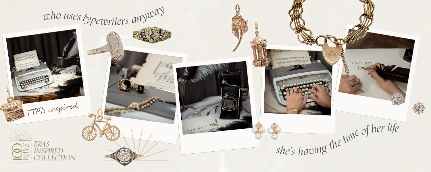 Image of antique jewelry styled with a typewriter, grey tones, vintage camera and feather quill. Text reads: 100 Ways Eras Inspired Collection. TTPD Inspired. who uses typewriters anyway, she's having the time of her life