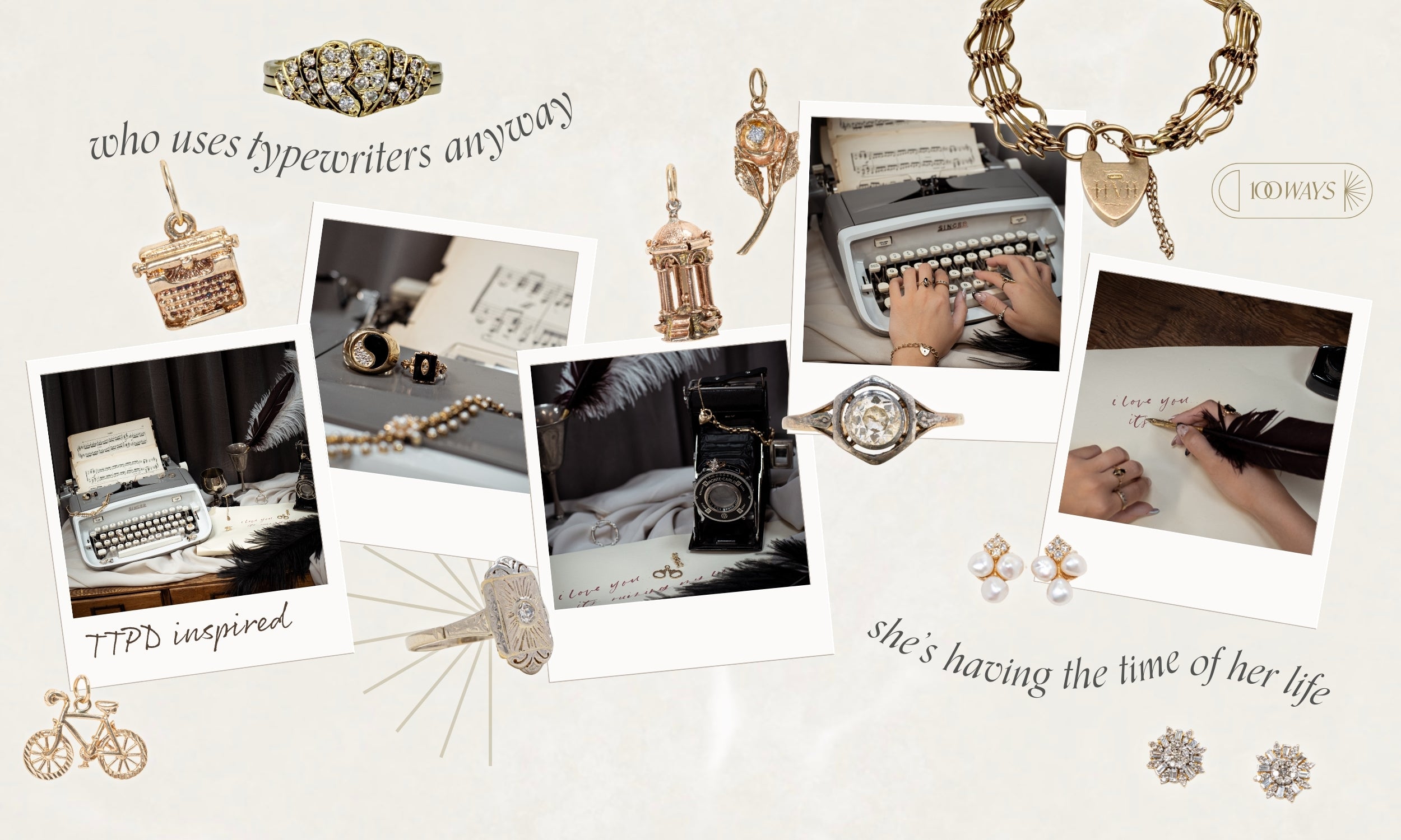 collection of polaroid images of a jewellery styled photo shoot inspired by the TTPD era, overlays of vintage fine jewellery pieces that are curated to the era and selection of lyrics in text