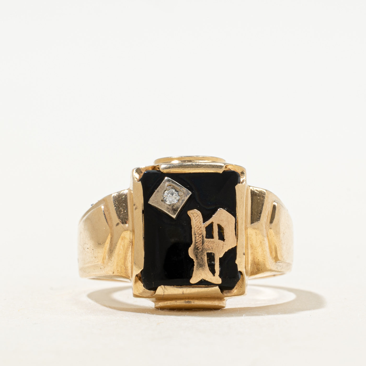 Onyx & Diamond 'H' Signet Ring | 3.20ct, 0.01ct | SZ 9.5 |