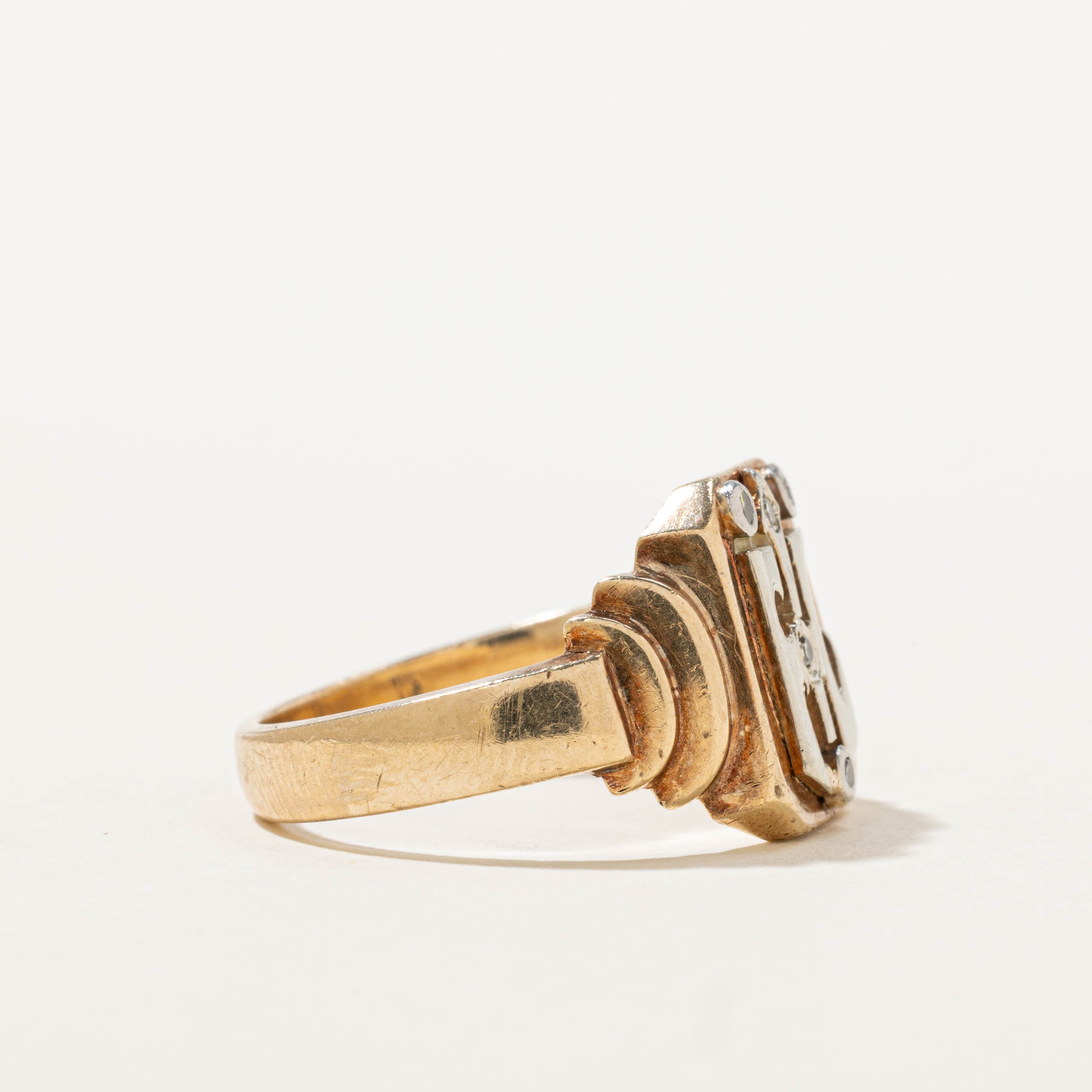 10k Diamond Grooved Signet Ring | SZ 10.25