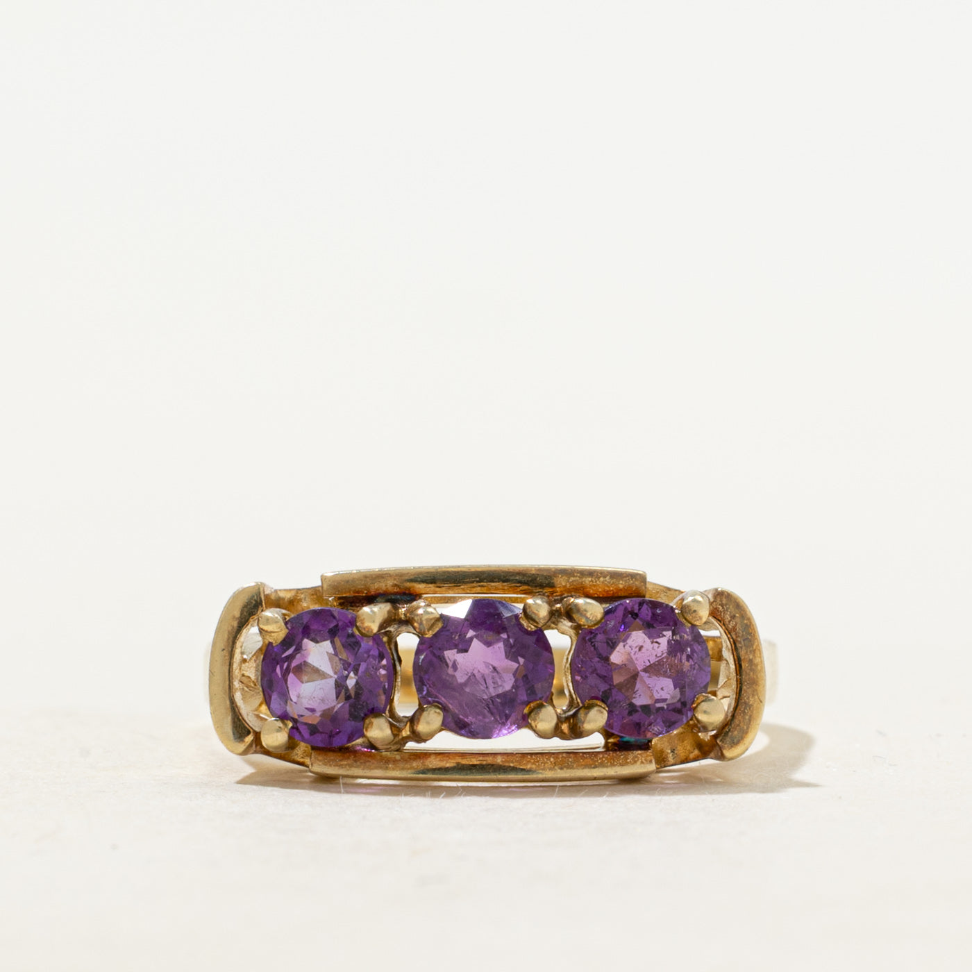 Three Stone Synthetic Purple Sapphire Openwork Ring | 1.35ctw | SZ 8
