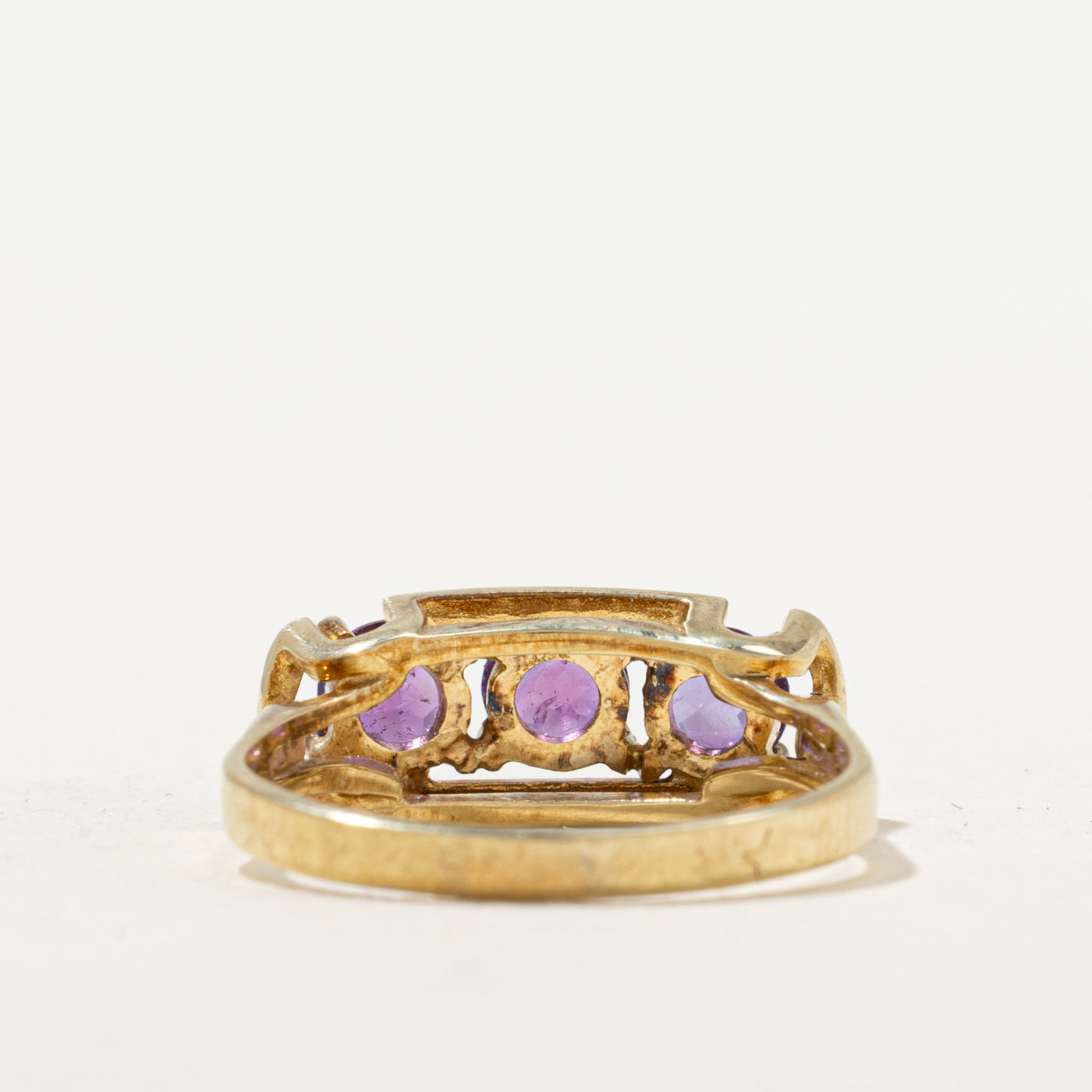 Three Stone Synthetic Purple Sapphire Openwork Ring | 1.35ctw | SZ 8