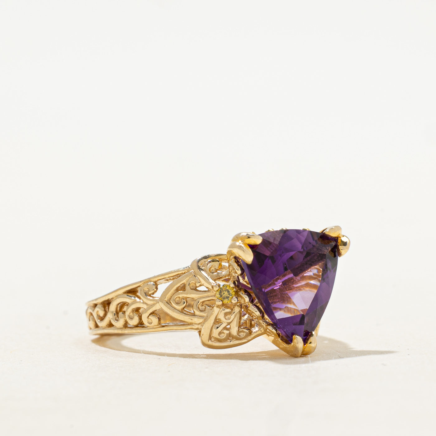 Trillion Cut Synthetic Purple Sapphire & Yellow Diamond Cocktail Ring | 3.00ct, 0.04ctw | SZ 5.5