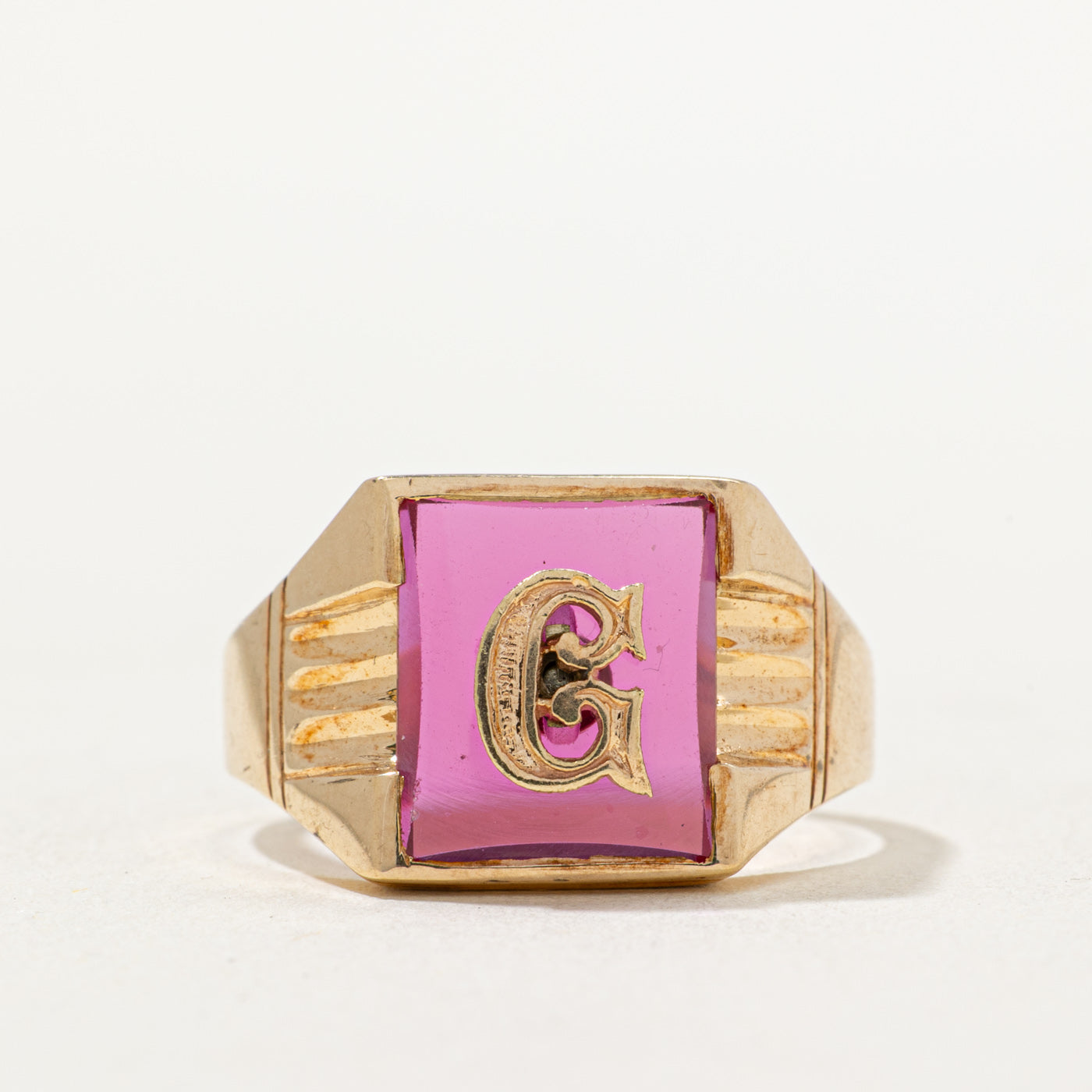 Synthetic Ruby 'G' Initial Signet Ring | 1.70ct | SZ 10.75