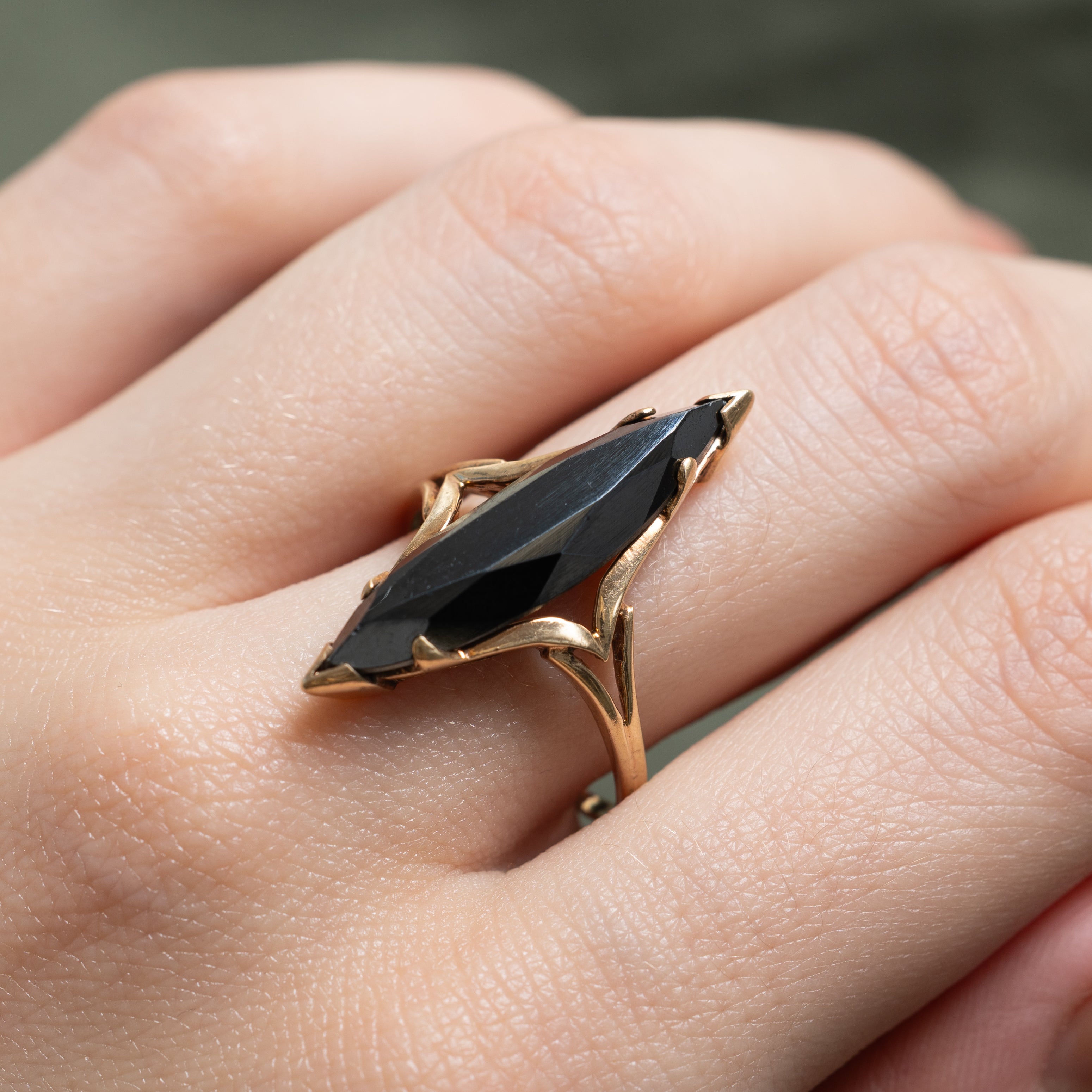 Yellow Gold Hematite Open Shank Navette Ring | SZ 8.25