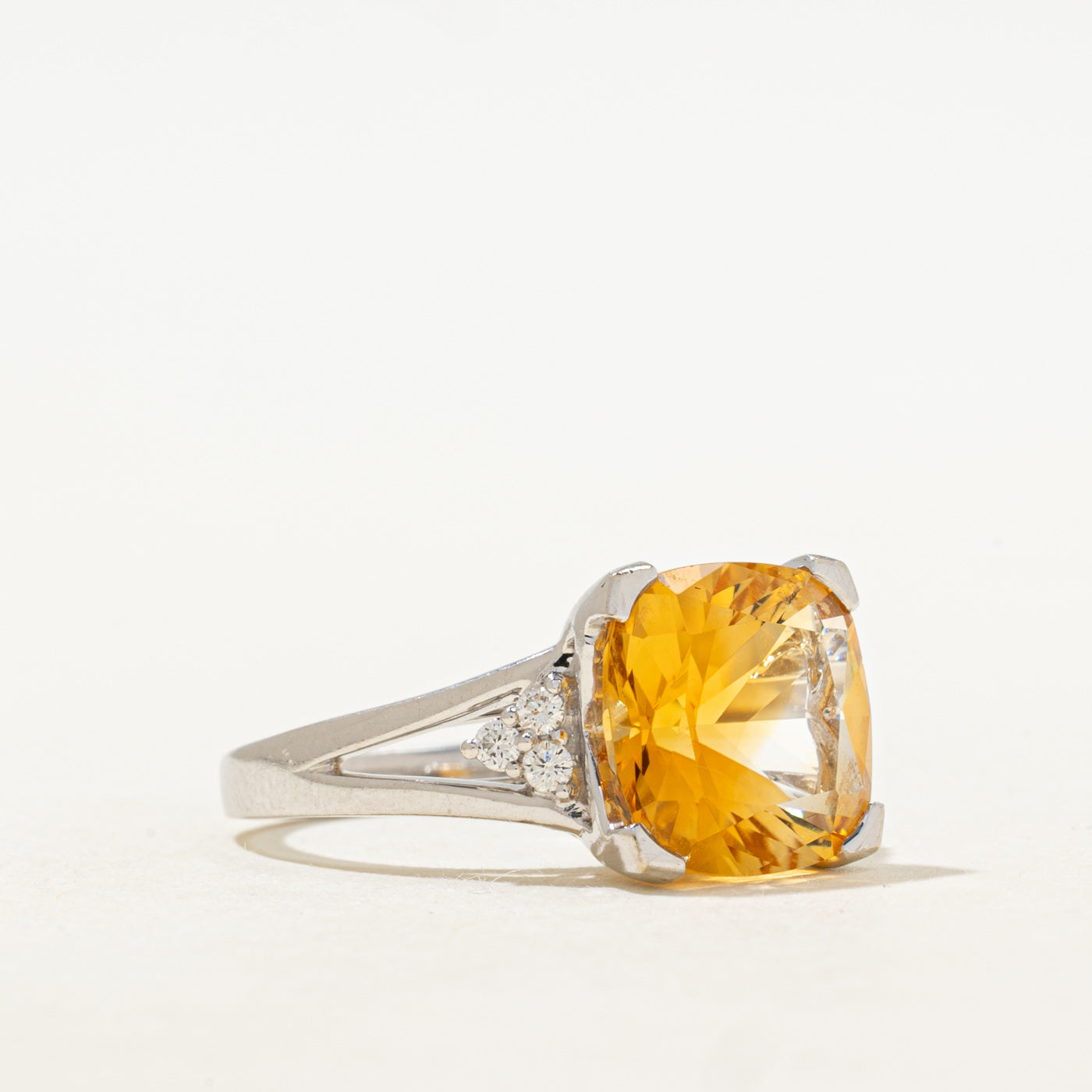 Cushion Cut Citrine & Diamond Open Shank Cocktail Ring | 4.04ct, 0.09ctw | SZ 7