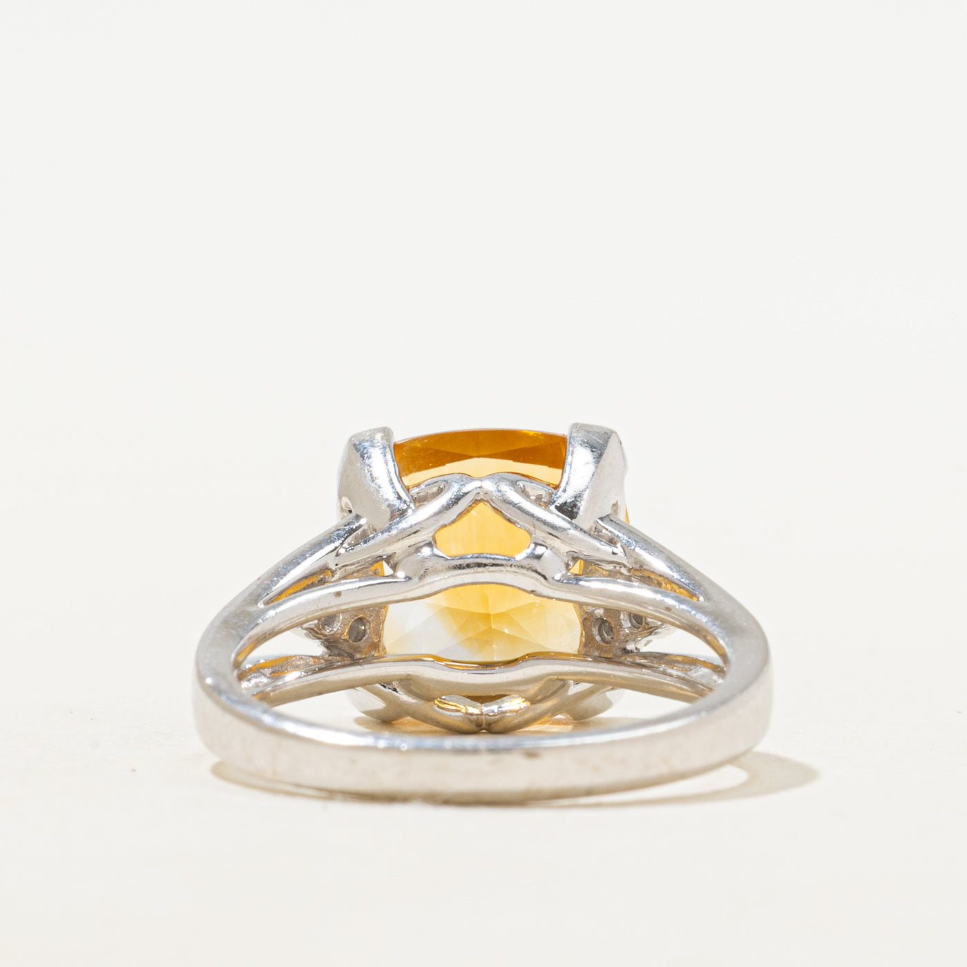 Cushion Cut Citrine & Diamond Open Shank Cocktail Ring | 4.04ct, 0.09ctw | SZ 7