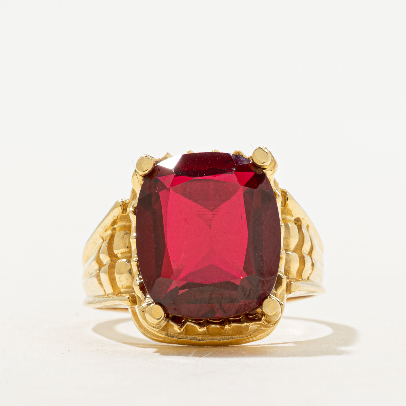 18k Radiant Cut Synthetic Ruby Grooved Cocktail Ring | 10.23ct | SZ 10