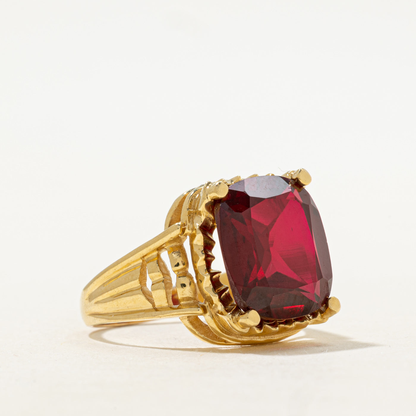 18k Radiant Cut Synthetic Ruby Grooved Cocktail Ring | 10.23ct | SZ 10