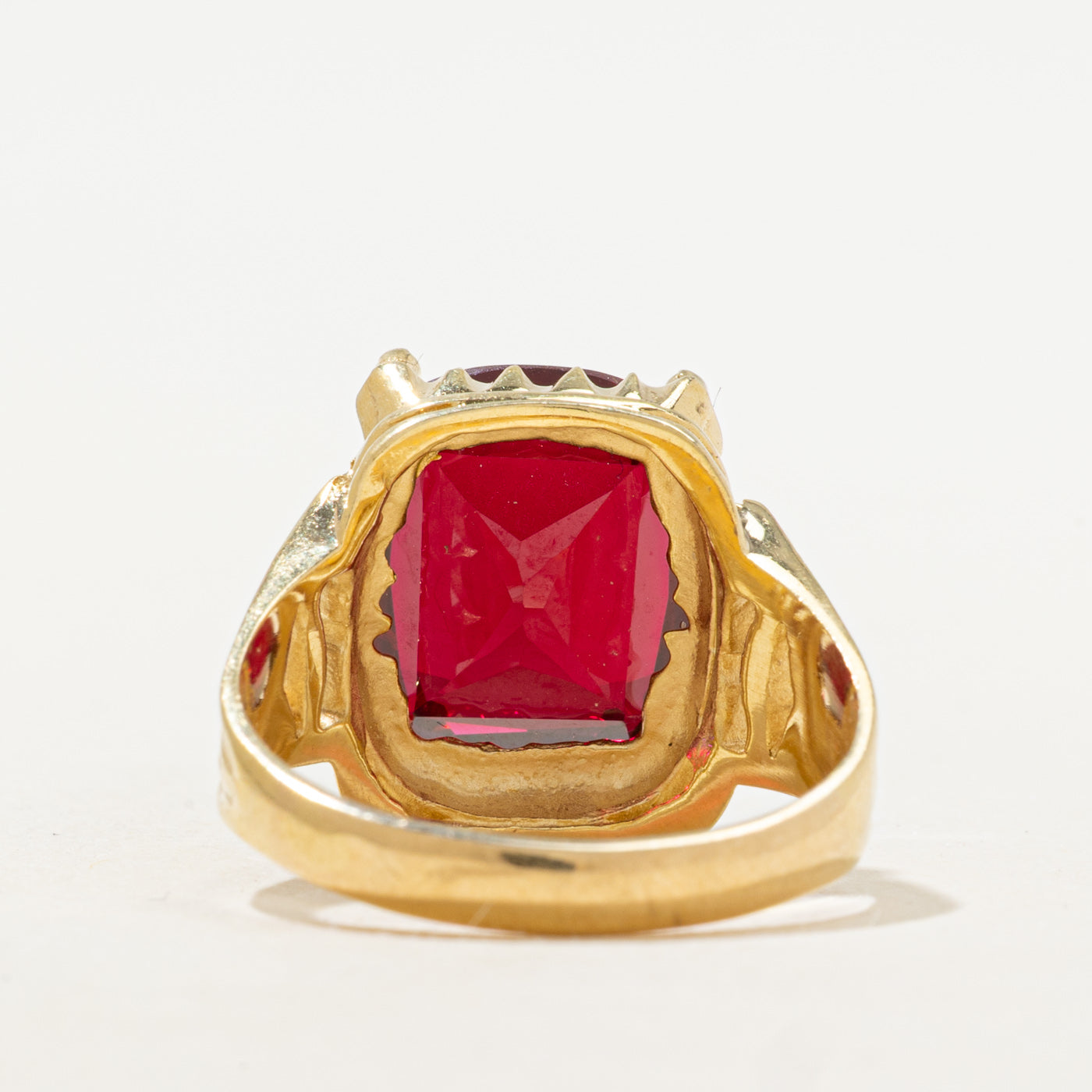 18k Radiant Cut Synthetic Ruby Grooved Cocktail Ring | 10.23ct | SZ 10