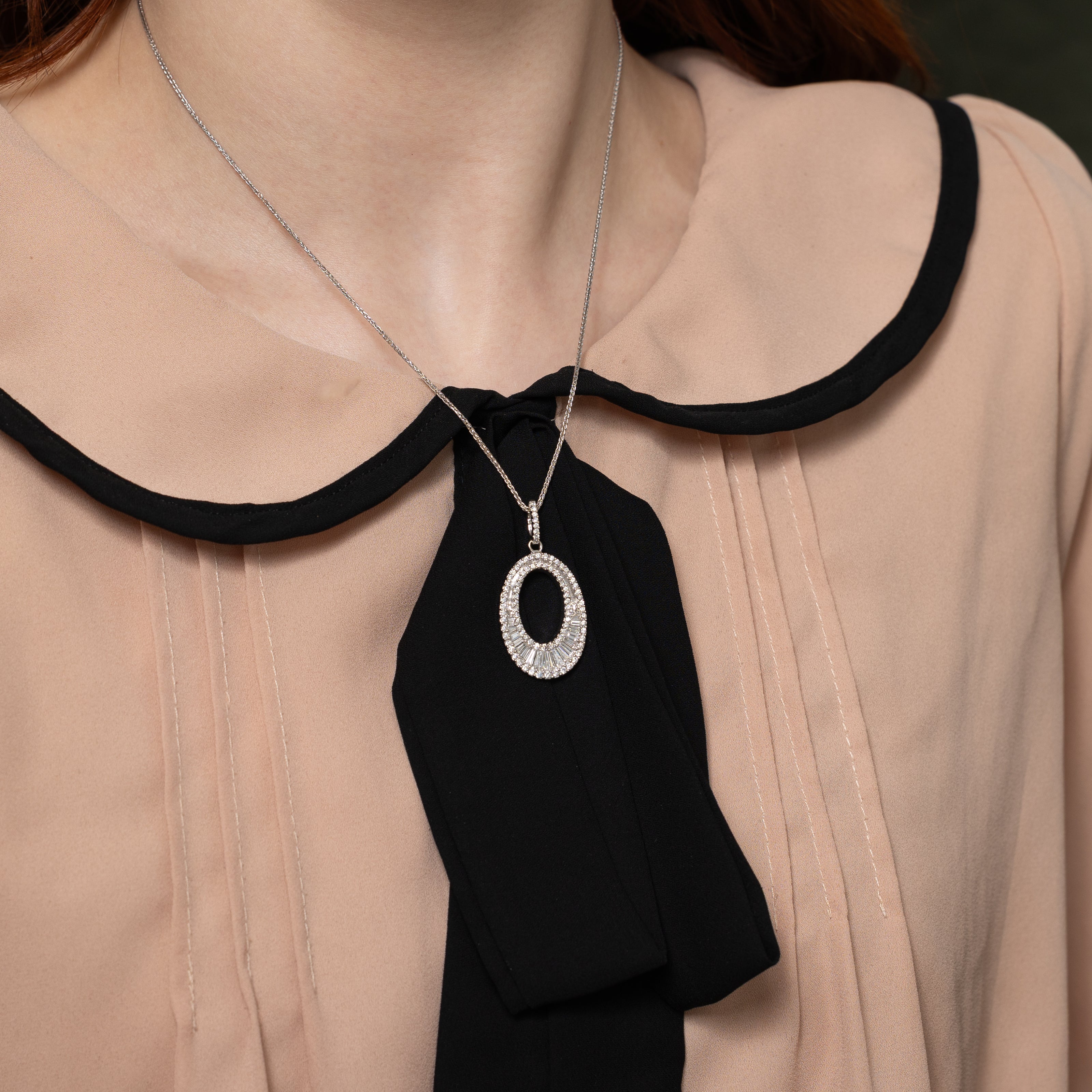 Baguette Cut Diamond Oval Pendant Necklace | 0.68ct | 18"