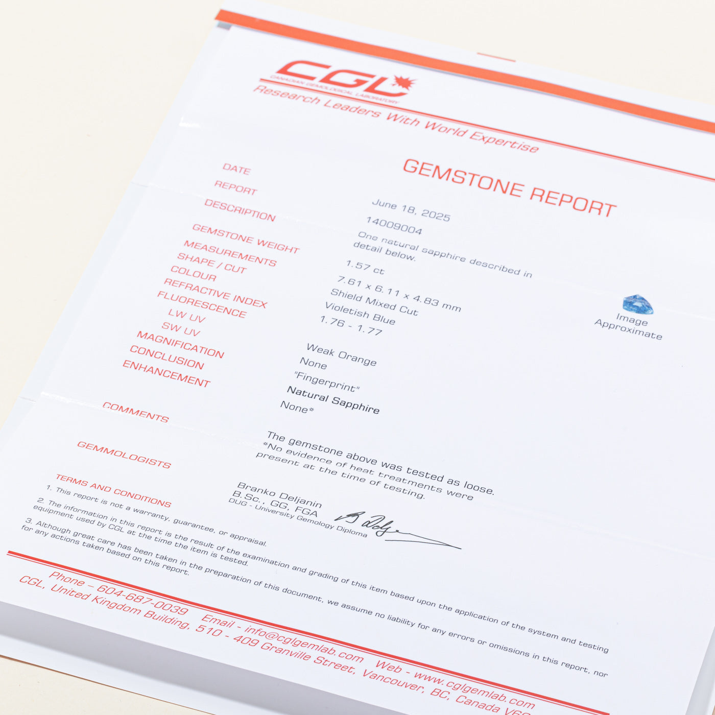 Shield Cut Loose Sapphire | 1.57ct