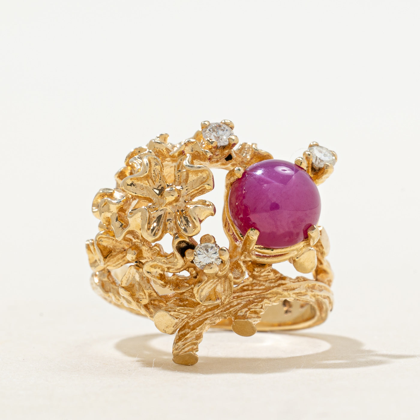 Synthetic Star Ruby & Diamond Floral Cocktail Ring | 2.00ct, 0.13ctw | SZ 5.25