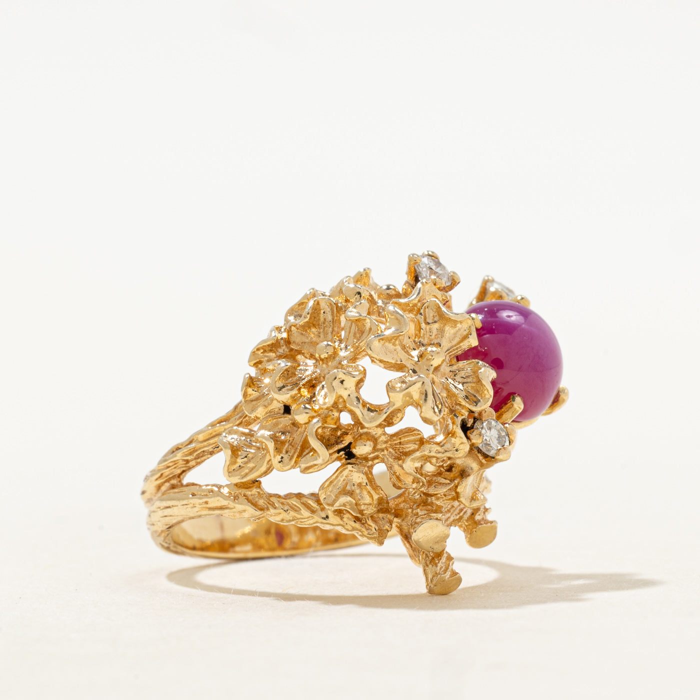 Synthetic Star Ruby & Diamond Floral Cocktail Ring | 2.00ct, 0.13ctw | SZ 5.25