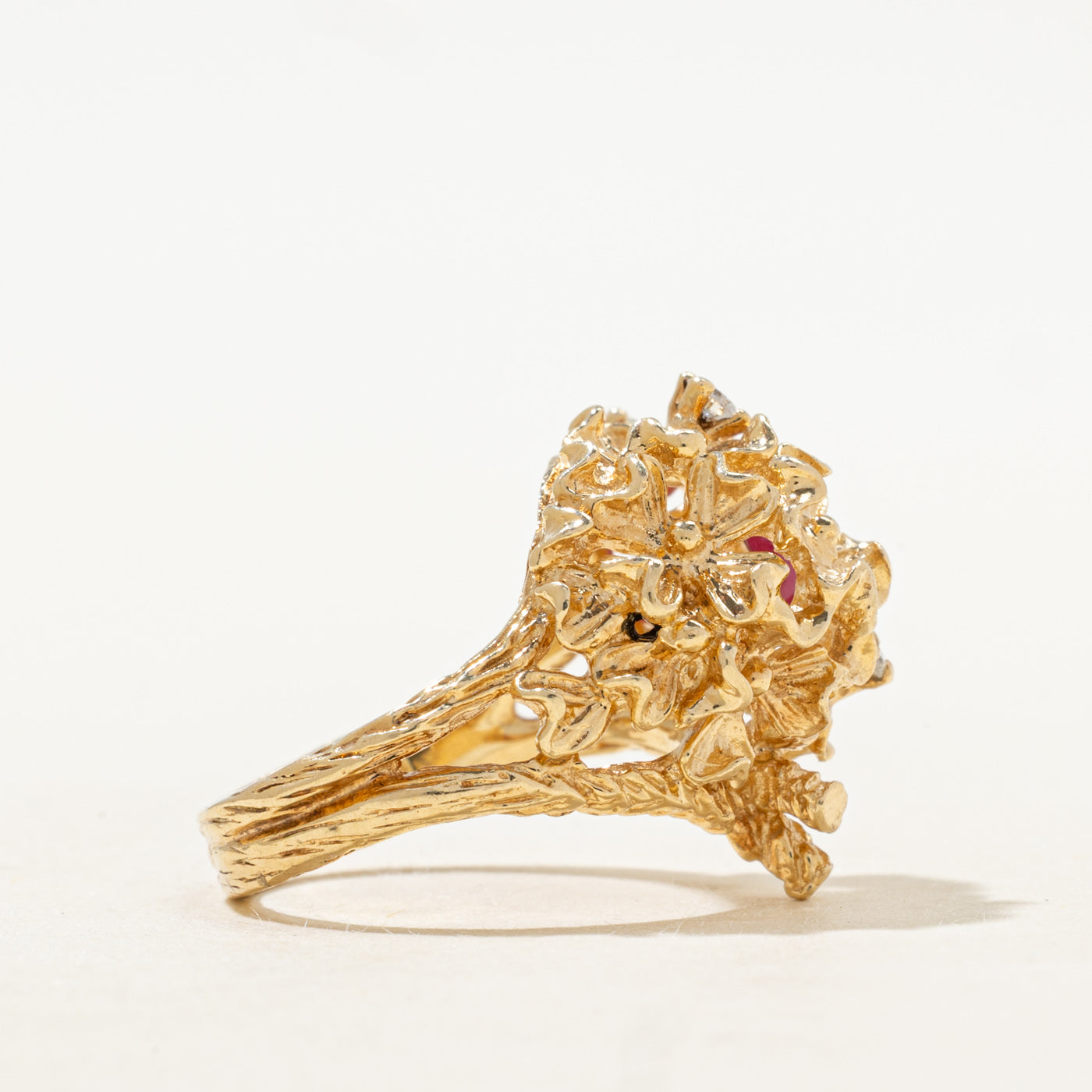 Synthetic Star Ruby & Diamond Floral Cocktail Ring | 2.00ct, 0.13ctw | SZ 5.25