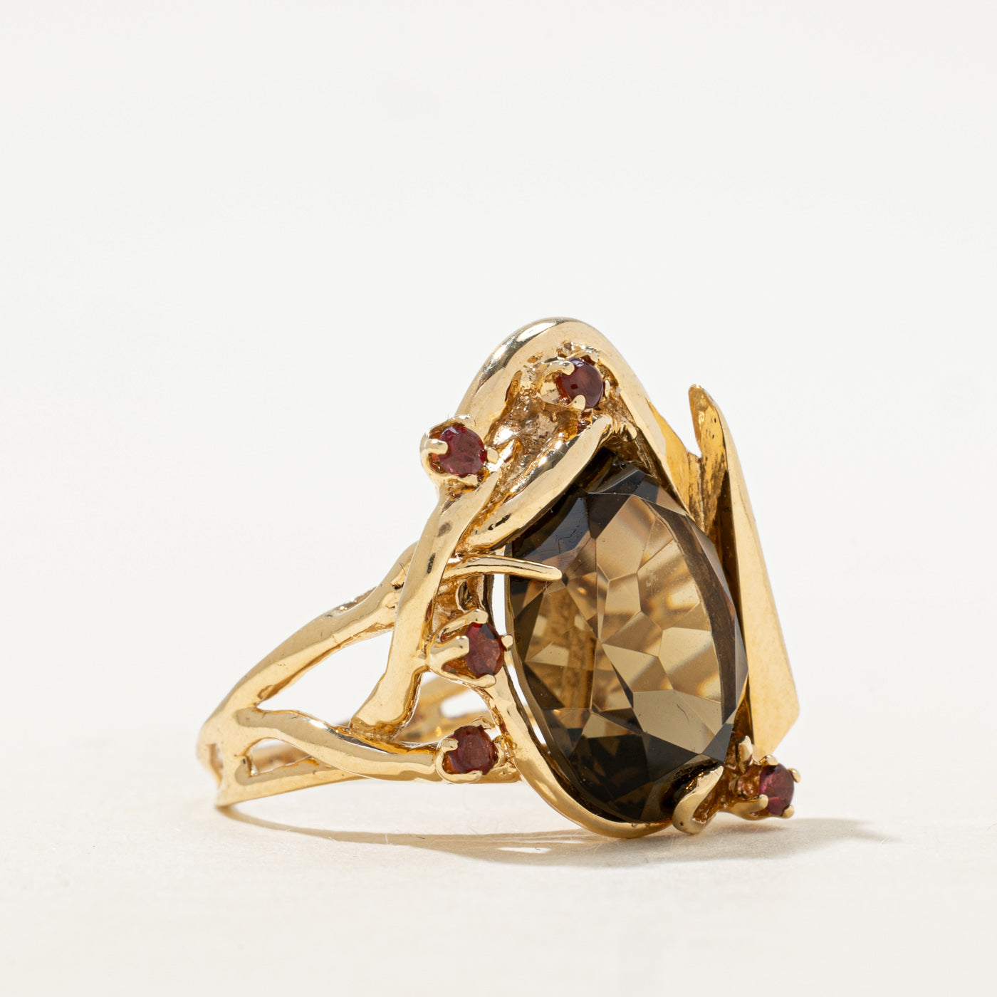 Smoky Quartz & Garnet Abstract Cocktail Ring | 8.61ct, 0.30ctw | SZ 7.25