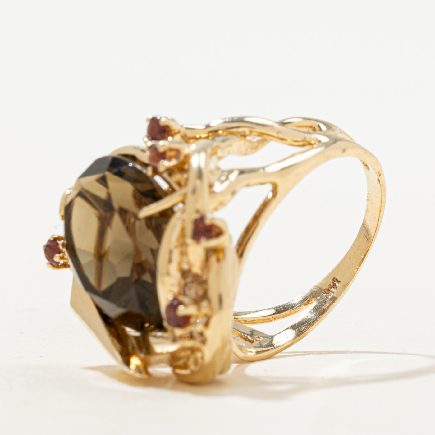 Smoky Quartz & Garnet Abstract Cocktail Ring | 8.61ct, 0.30ctw | SZ 7.25