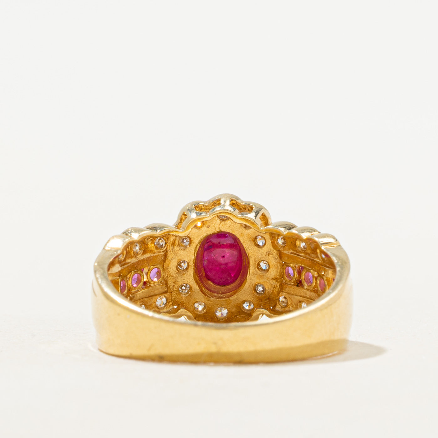 18k Ruby & Diamond Scalloped Halo Ring | 0.88ctw, 0.12ctw | SZ 6