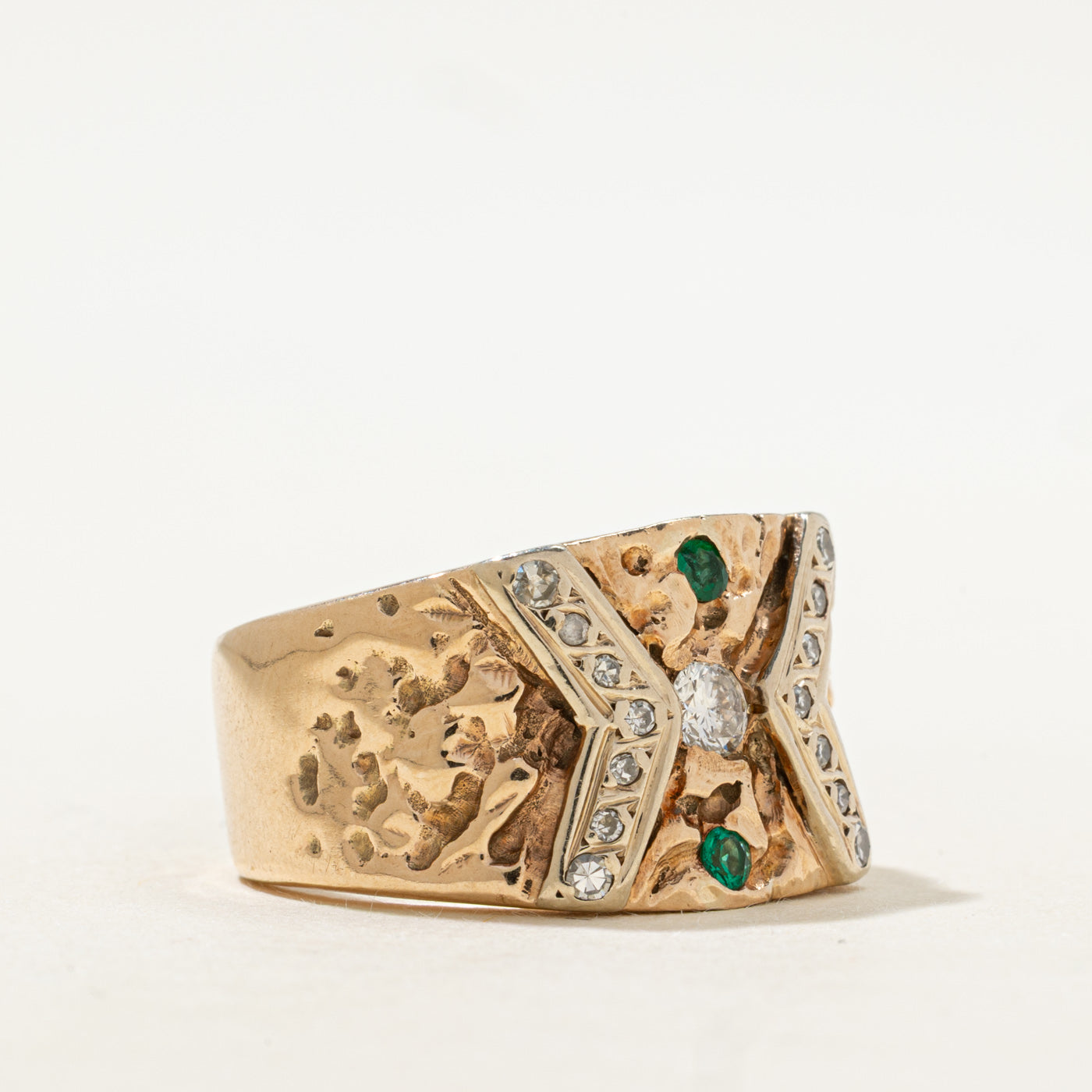 Synthetic Emerald & Natural Diamond Nuggety Cocktail Ring | 0.08ctw, 0.33ctw | SZ 10.25