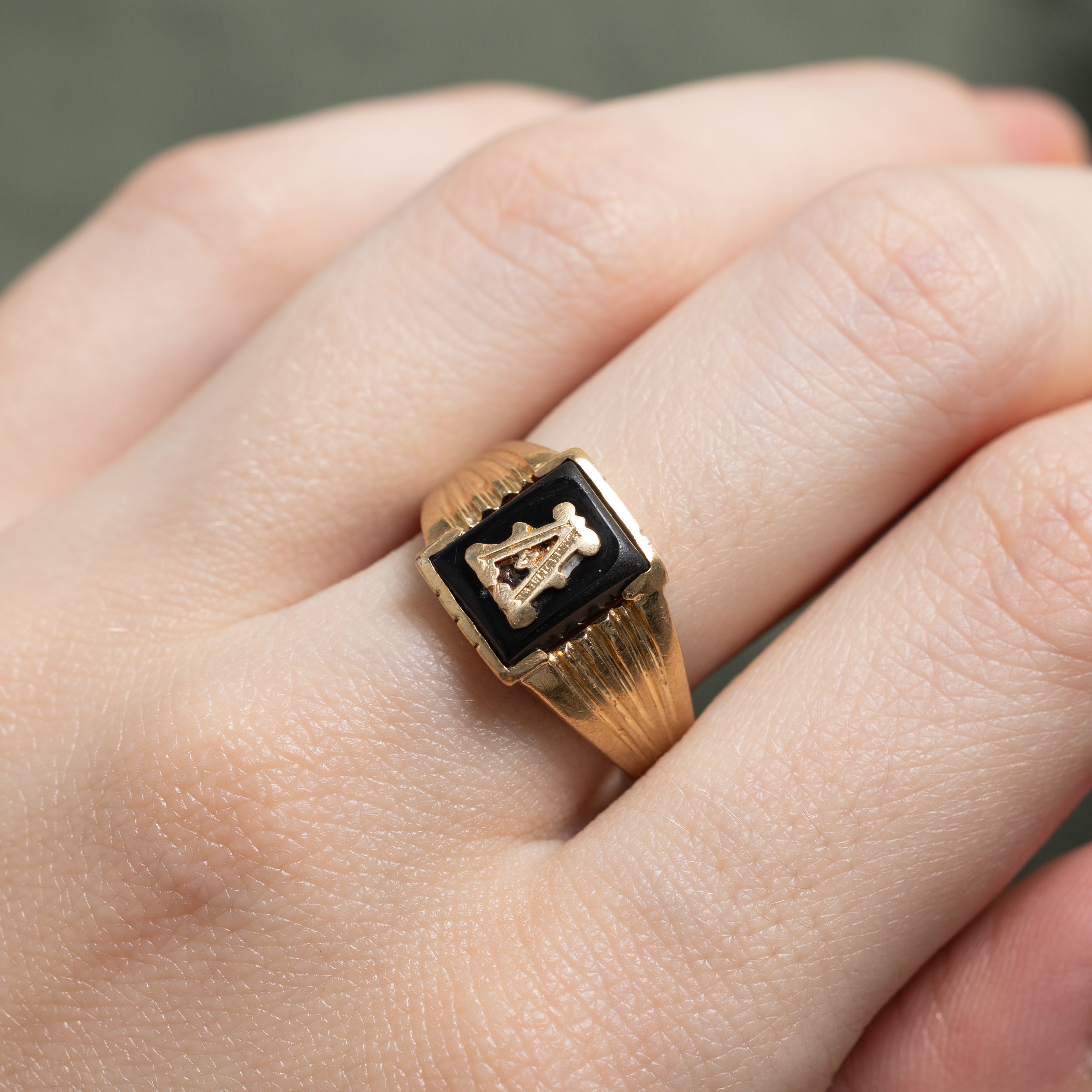 Yellow Gold "A" Initial Grooved Signet Ring | SZ 8