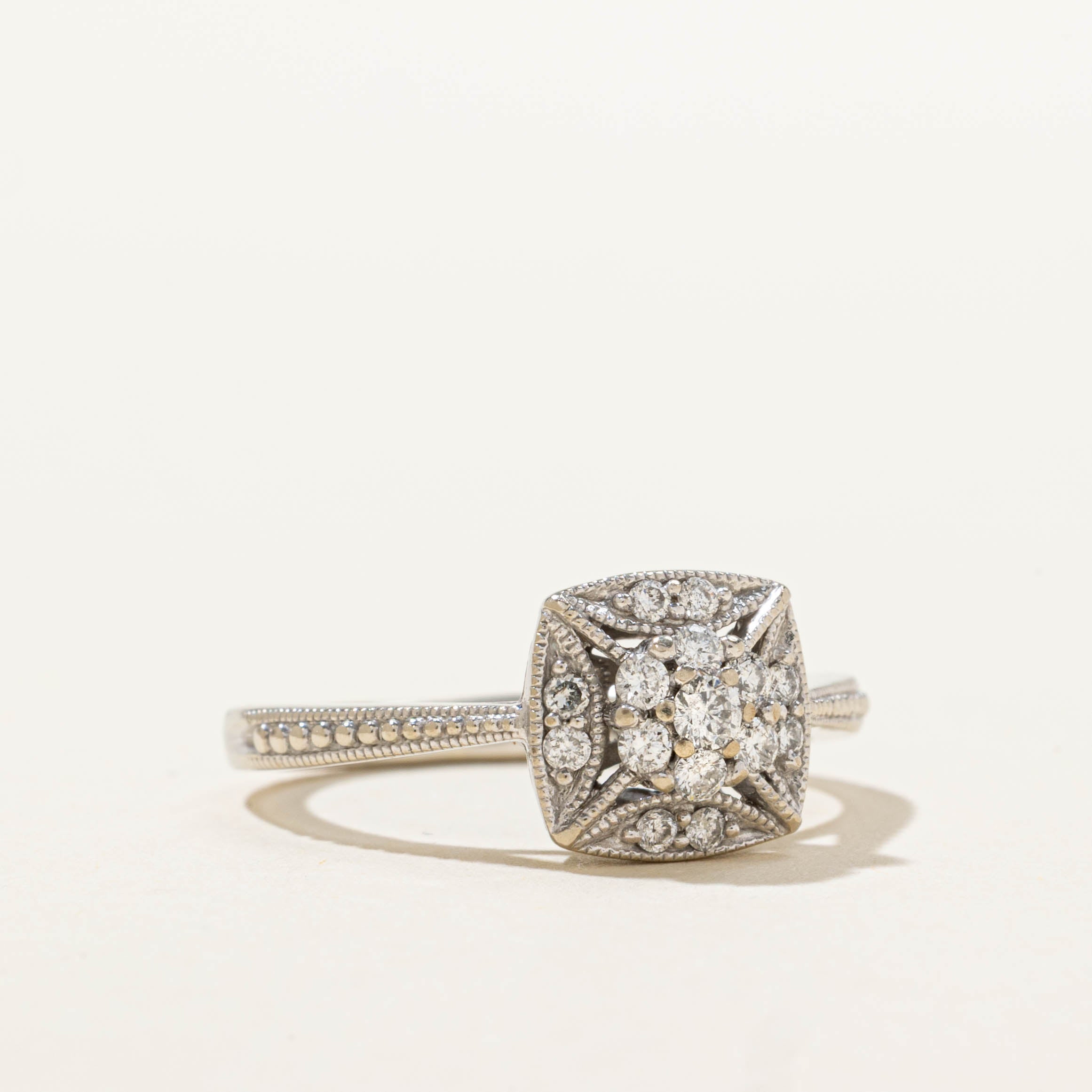 10k White Gold Diamond Cluster Milgrain Ring | SZ 4.5