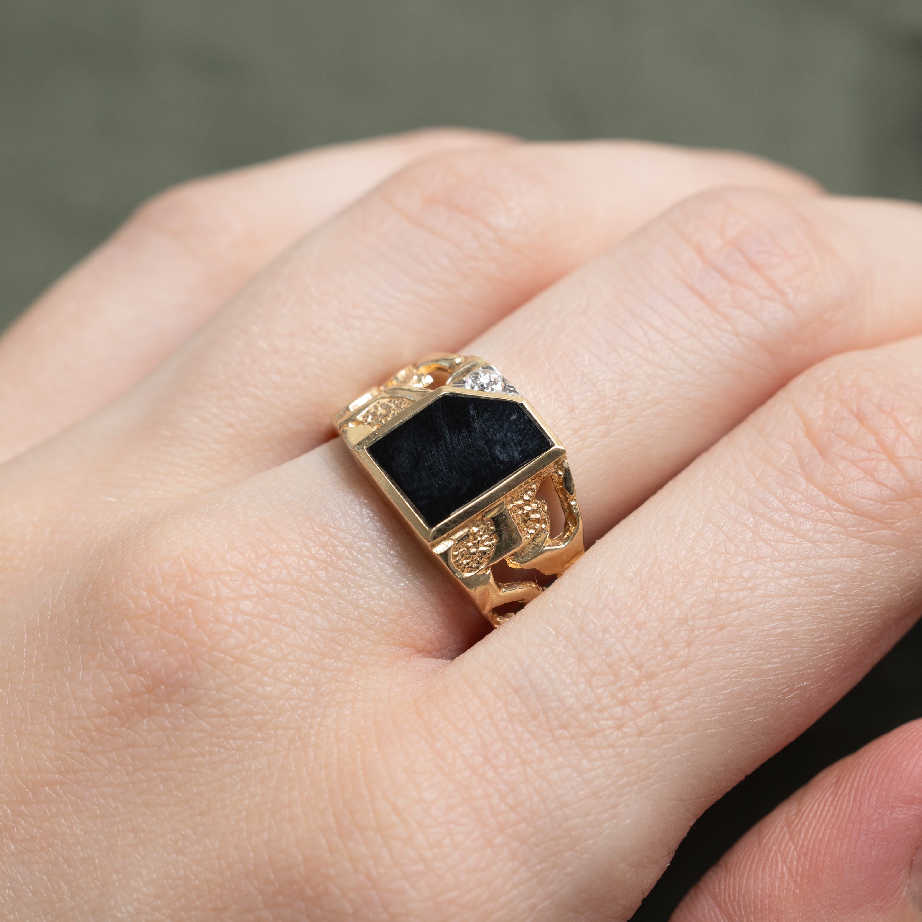 Flush Set Onyx & Diamond Textured Signet Ring | 0.002ct | SZ 8.25